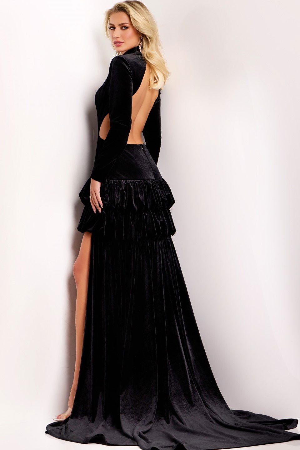 Jovani -43819 High-Neck Asymmetric Ruffle Velvet Gown