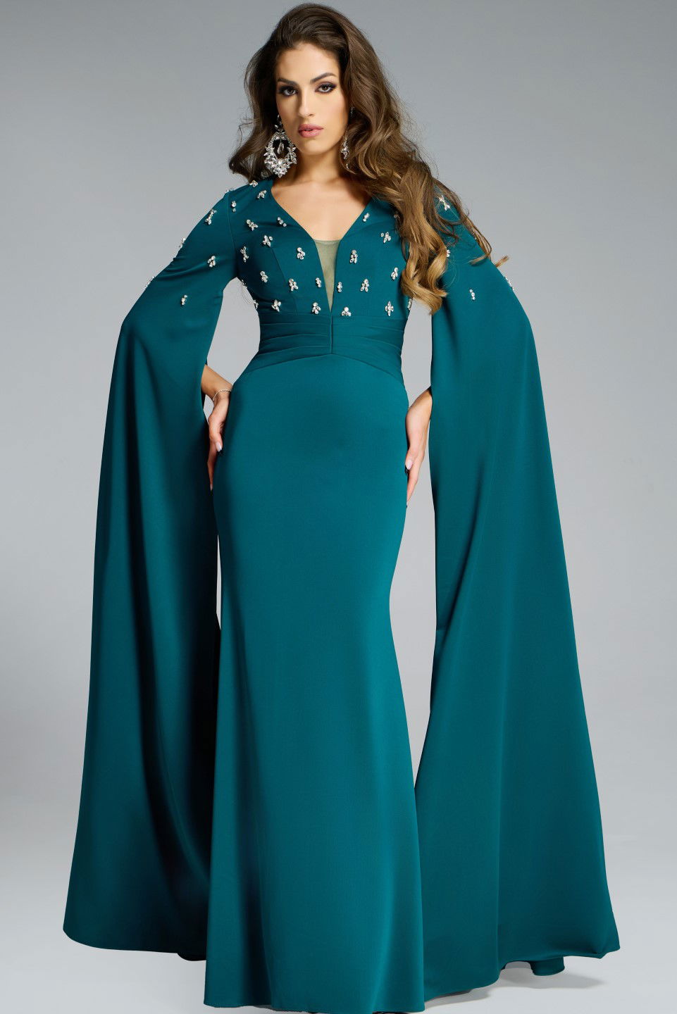Jovani -43830B Dramatic Cape Sleeves Embellished Gown
