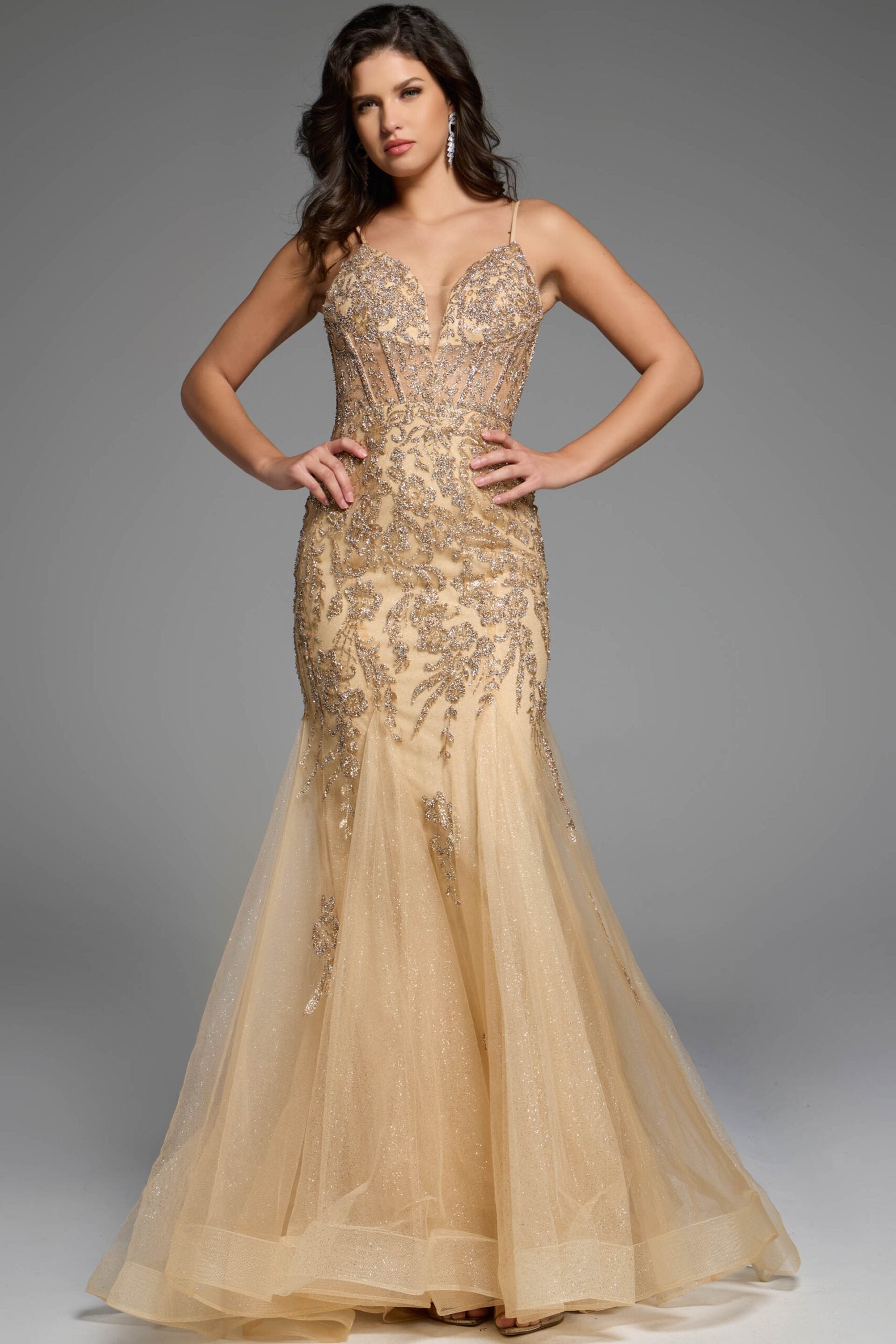 Jovani -43845 Strapless Embellished Mermaid Prom Dress with Floral Appliqué