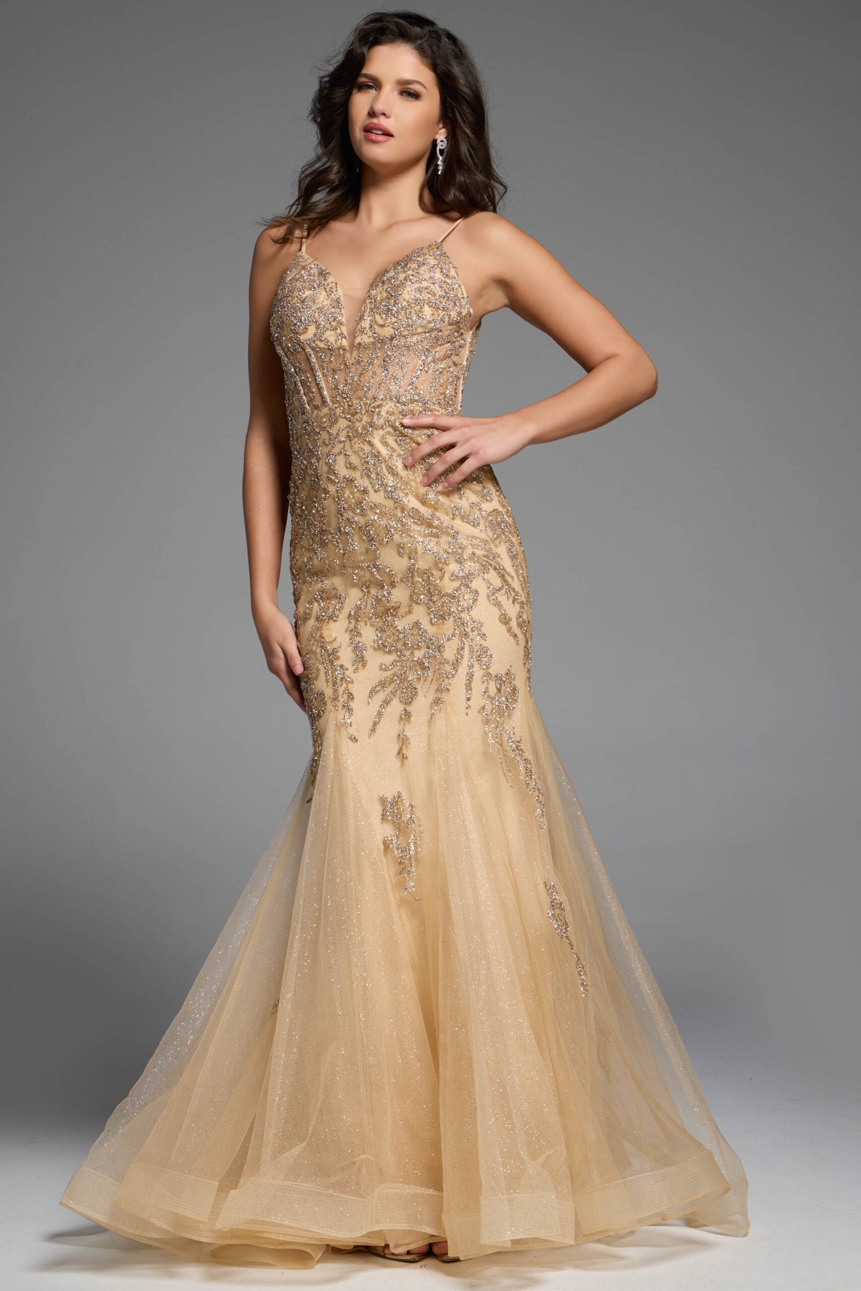 Jovani -43845 Strapless Embellished Mermaid Prom Dress with Floral Appliqué