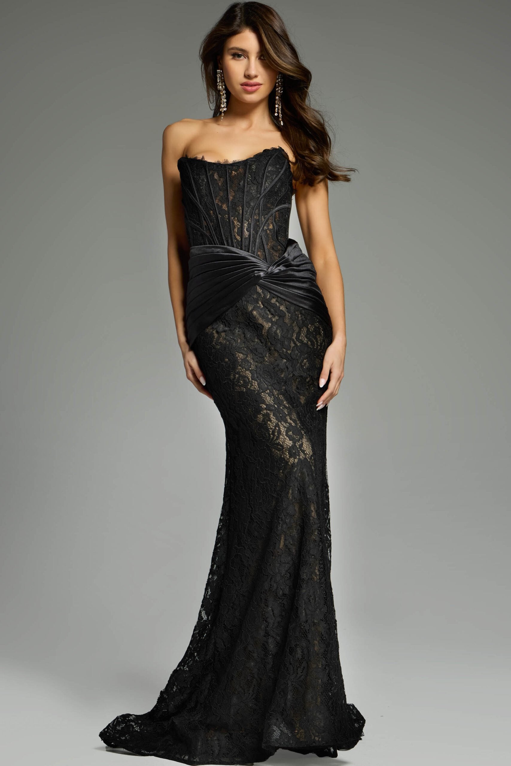 Jovani -43856B Strapless Lace Prom Gown with Draped Satin Waist