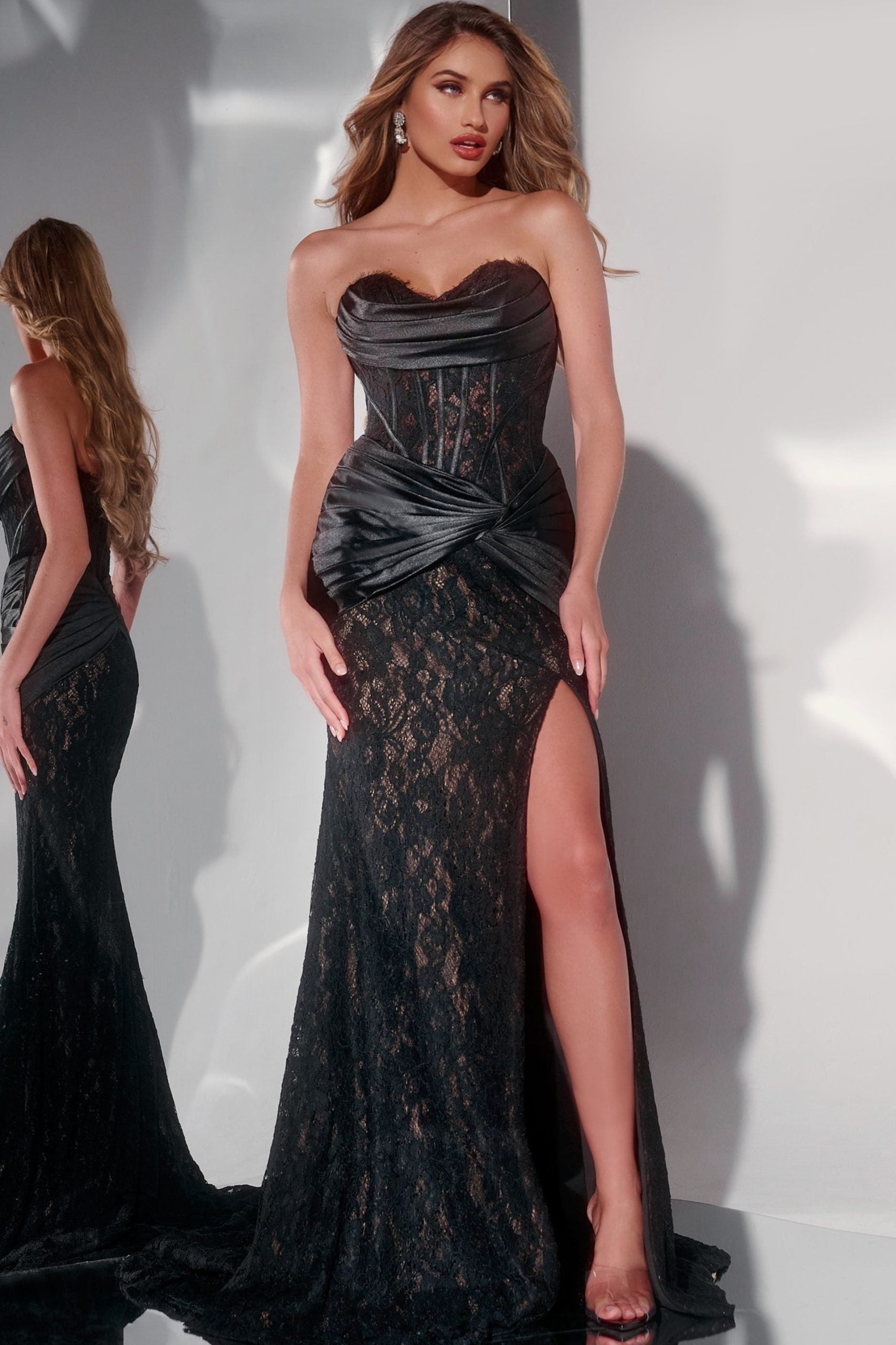 jovani black lace prom dress Jovani -43859 Strapless Black Lace Evening Prom Gown with Ruched Satin Accent 2 / Black