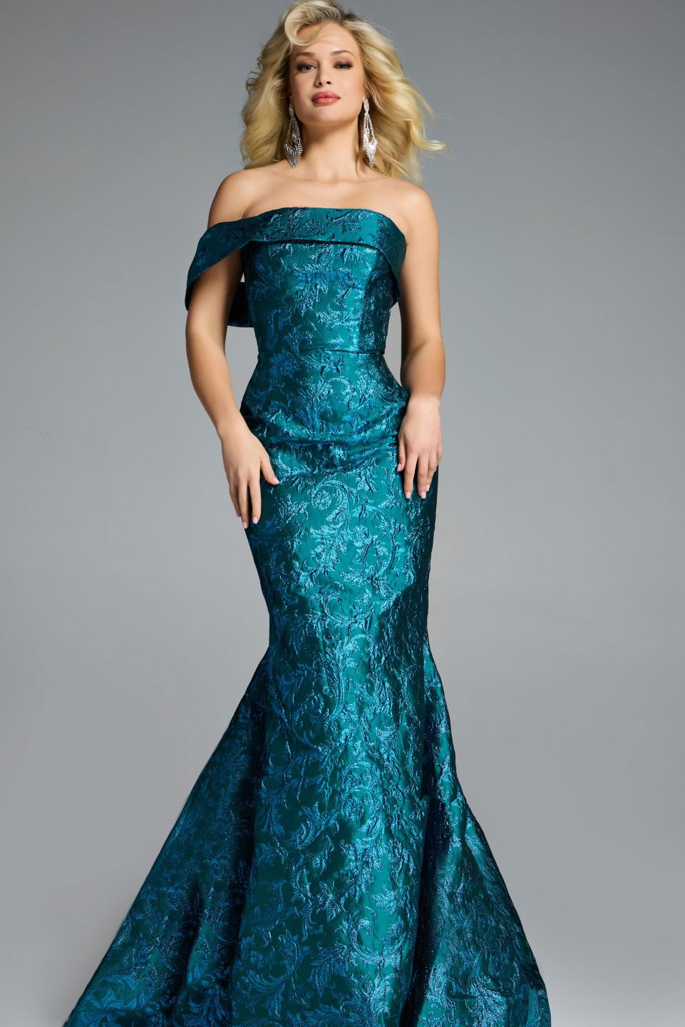 Jovani -43978B Off-Shoulder Floral Mermaid Gown