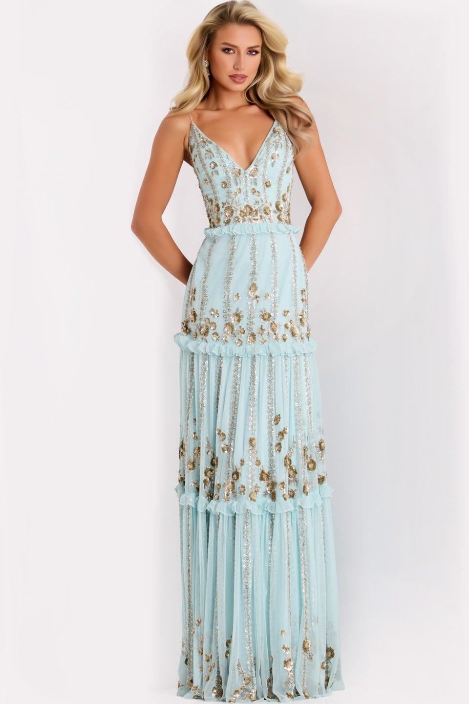 Jovani -44060 Embroidered V-Neck A-line Gown