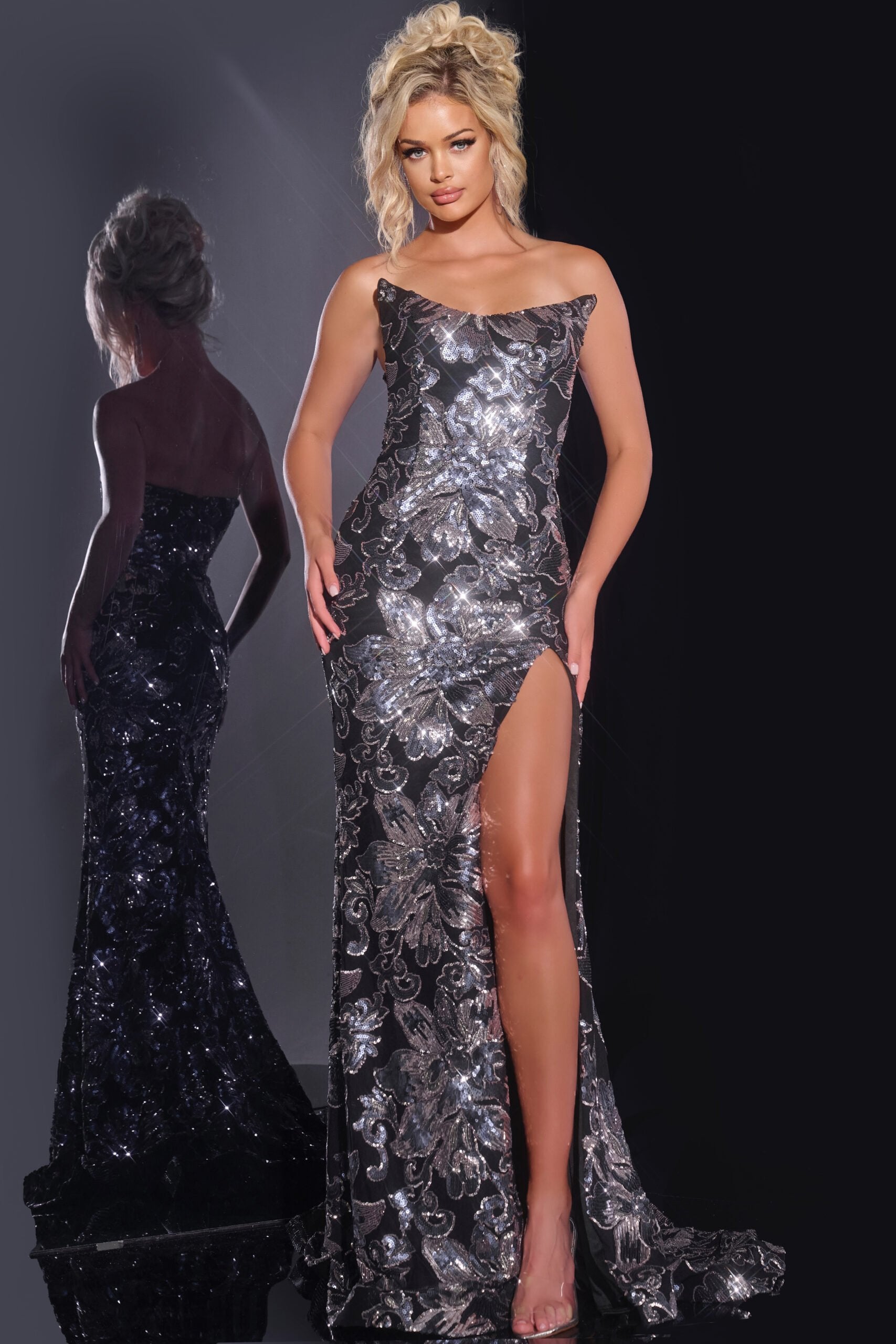Jovani -44116B Sequin Floral Embellished Prom Gown