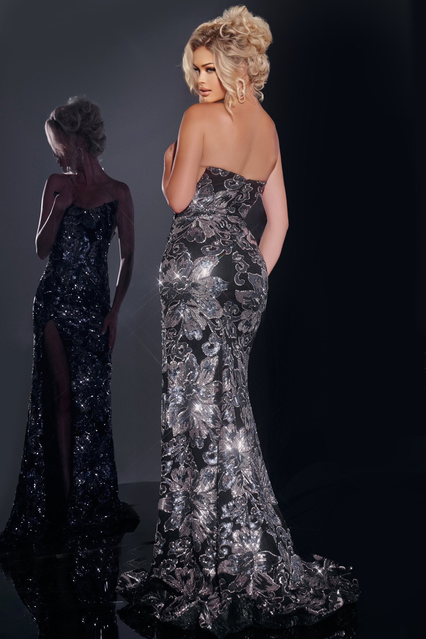 Jovani -44116B Sequin Floral Embellished Prom Gown