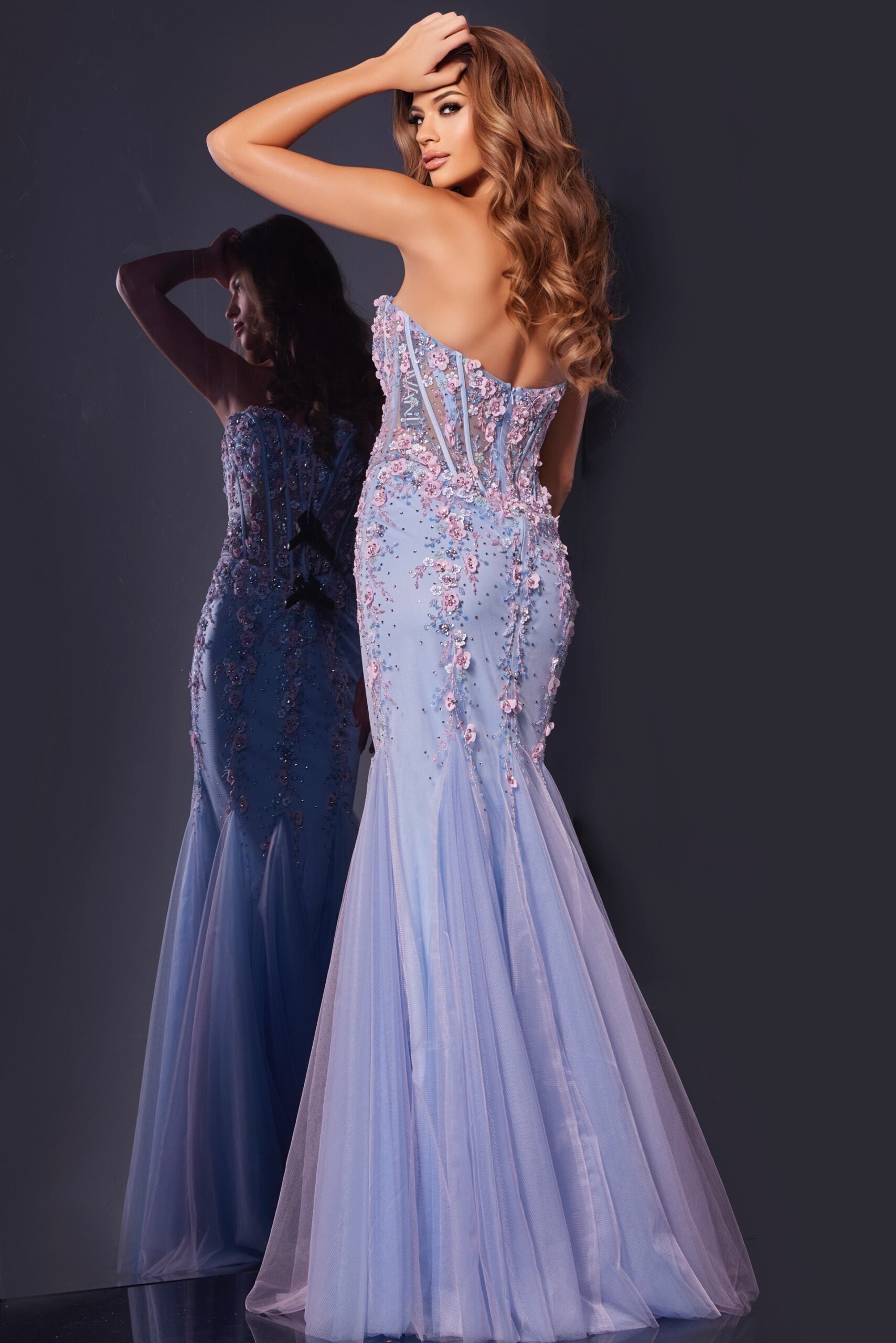 Jovani -44211B Elegant Floral Embellished Strapless Corset Prom Gown