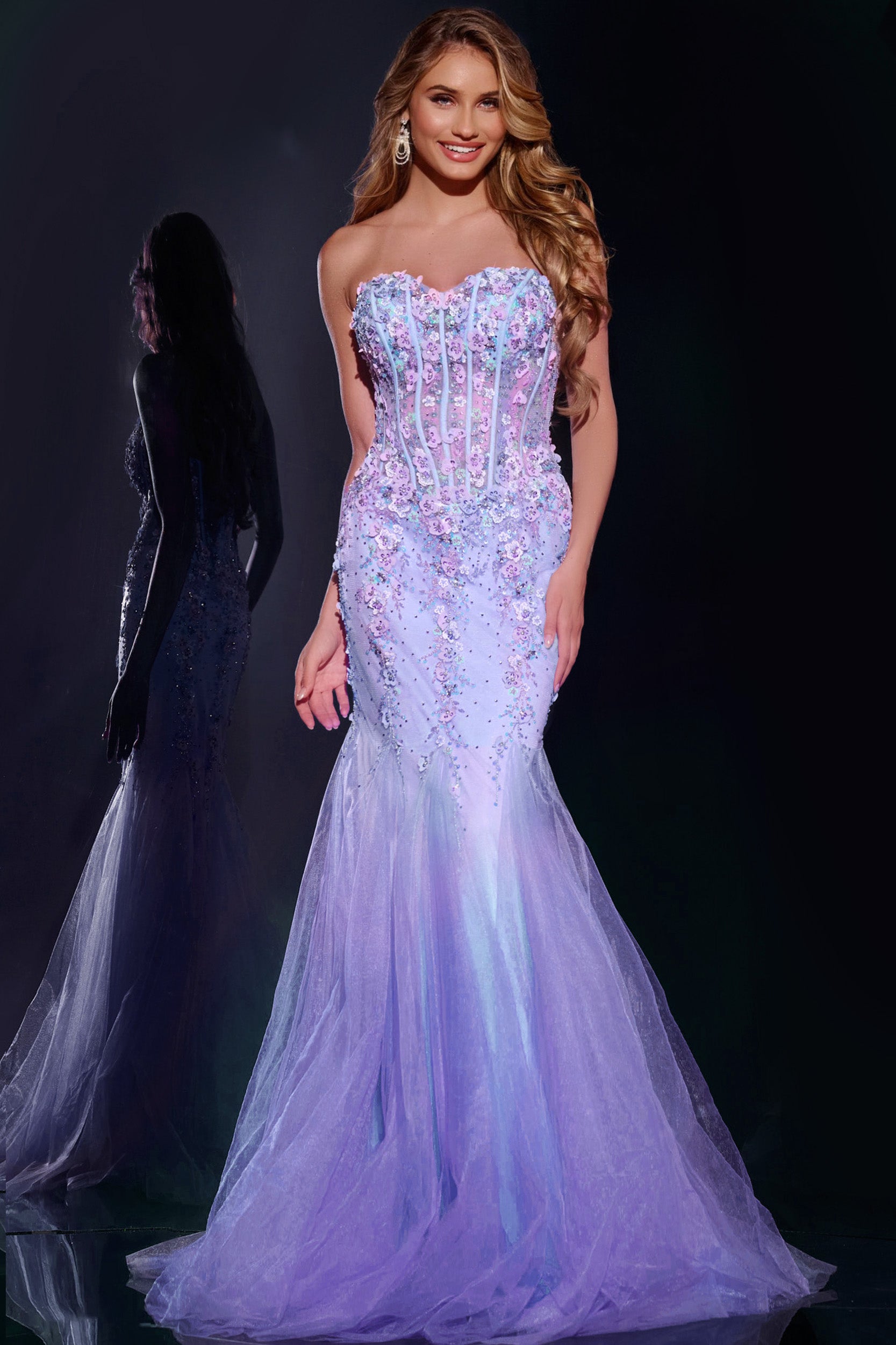 Jovani -44211B Elegant Floral Embellished Strapless Corset Prom Gown