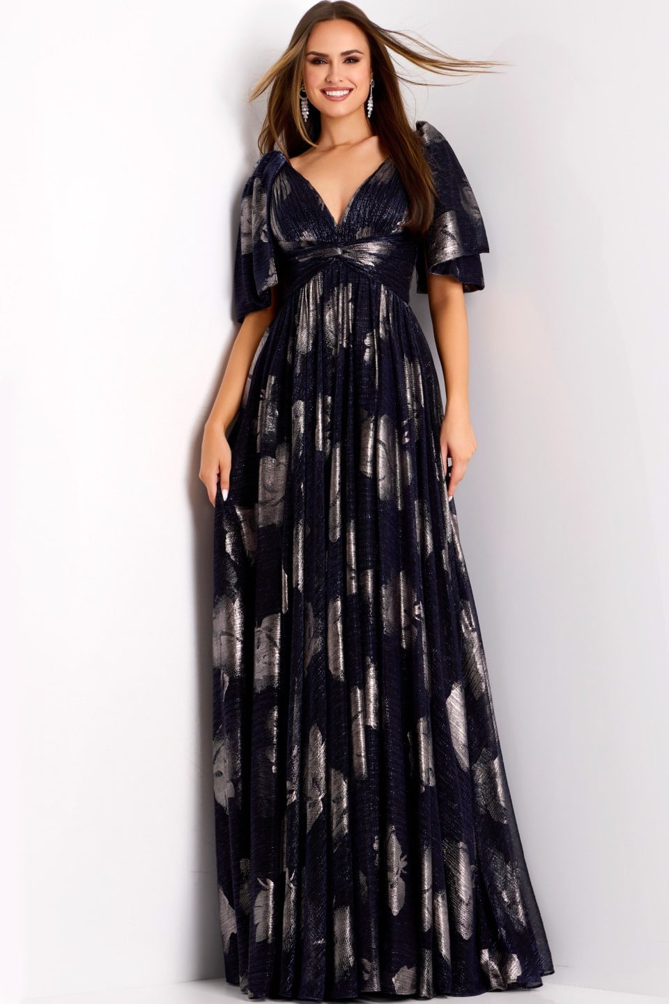 Jovani -44374 Metallic Jacquard V-Neck A-line Gown