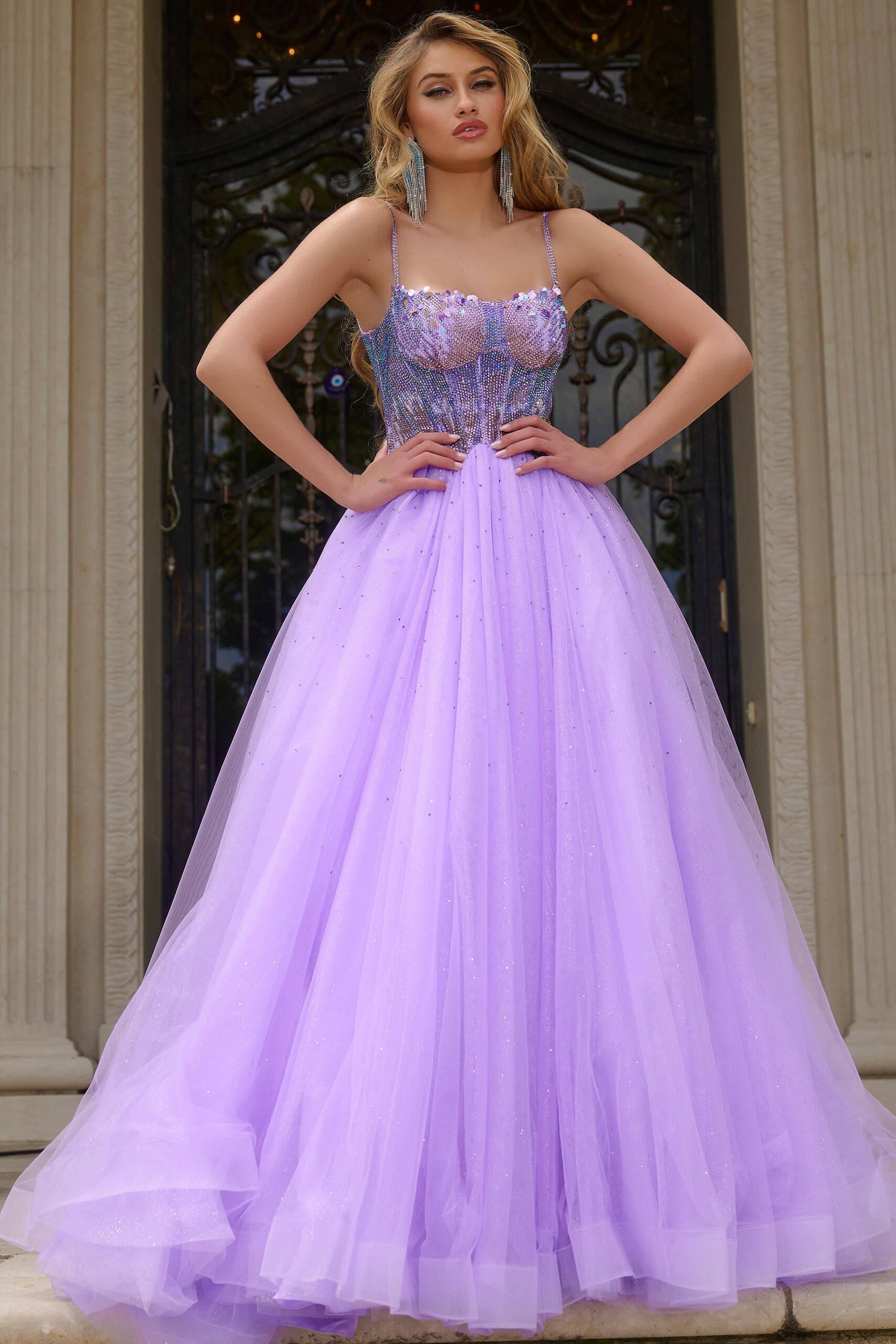 Jovani -44511B Corset Beaded Prom Ball Gown with Tulle Skirt