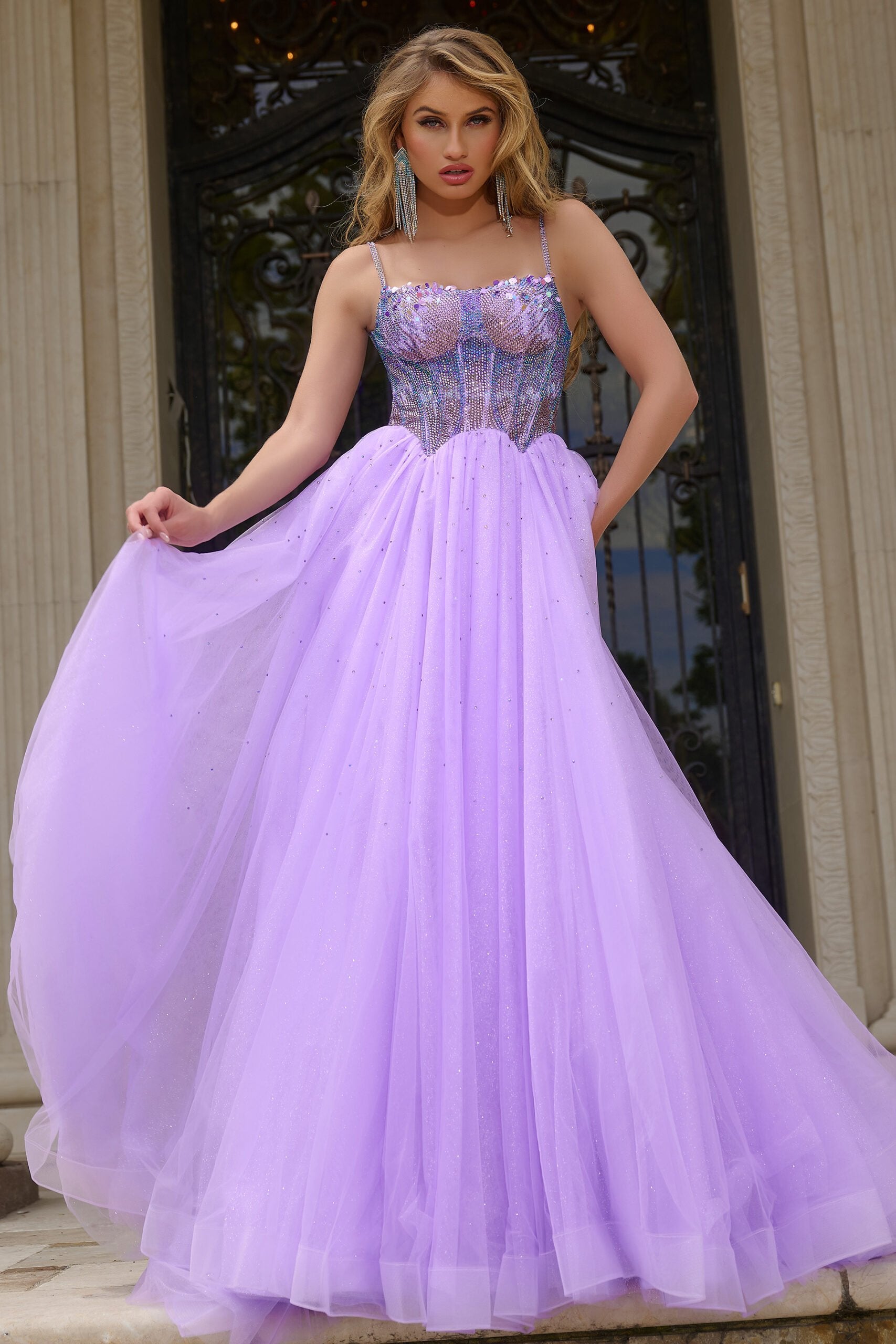 Jovani -44511B Corset Beaded Prom Ball Gown with Tulle Skirt