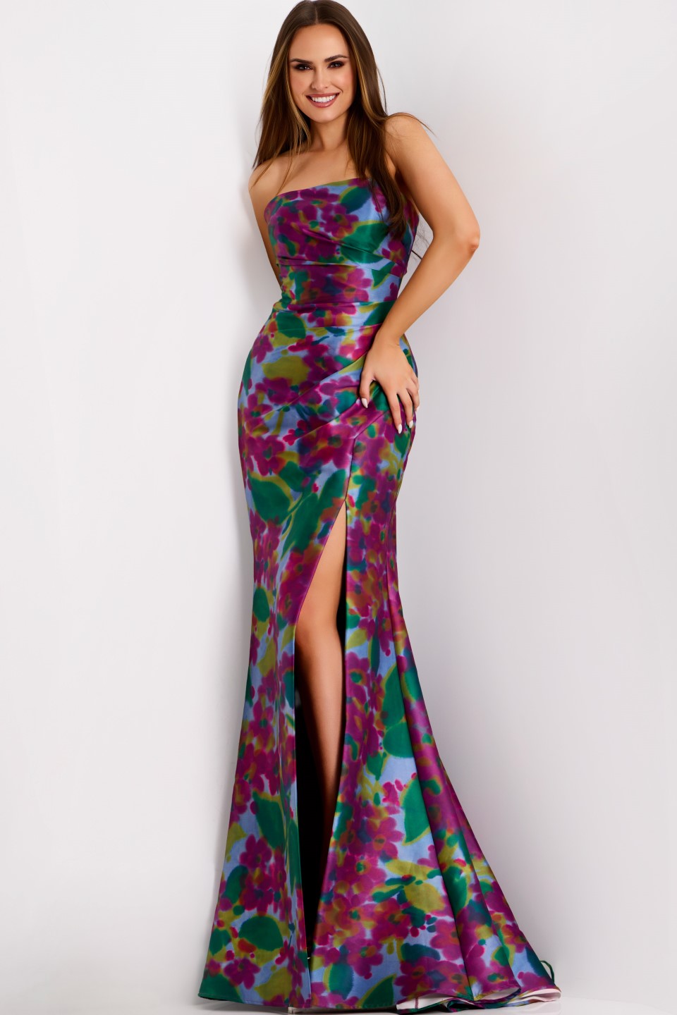 slim fit dress slacks Elia High Slit Floral Crepe Mermaid Dress in Blue | Size: M | Crepe Fabric/Knit Fabric main image 0