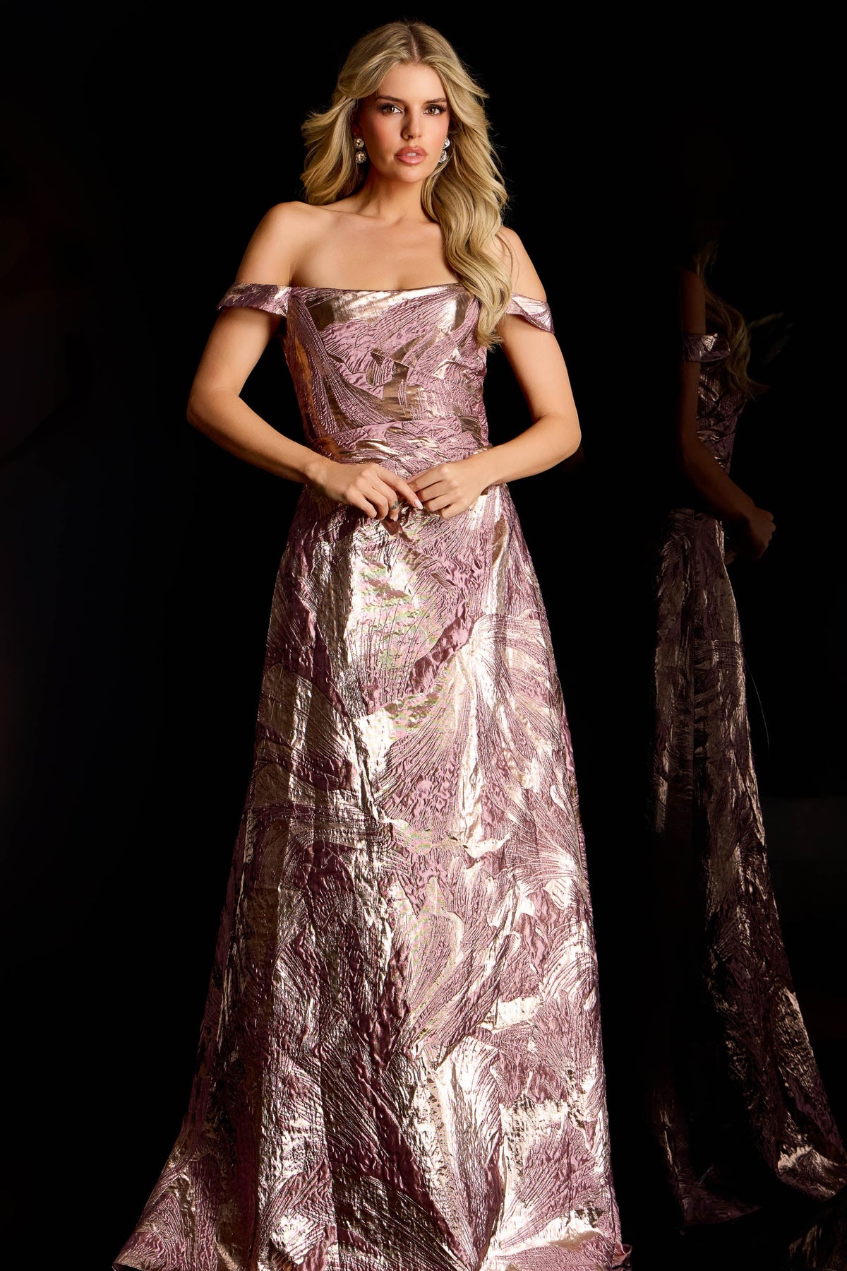 Jovani -44718 Metallic Off Shoulder A-Line Evening Gown