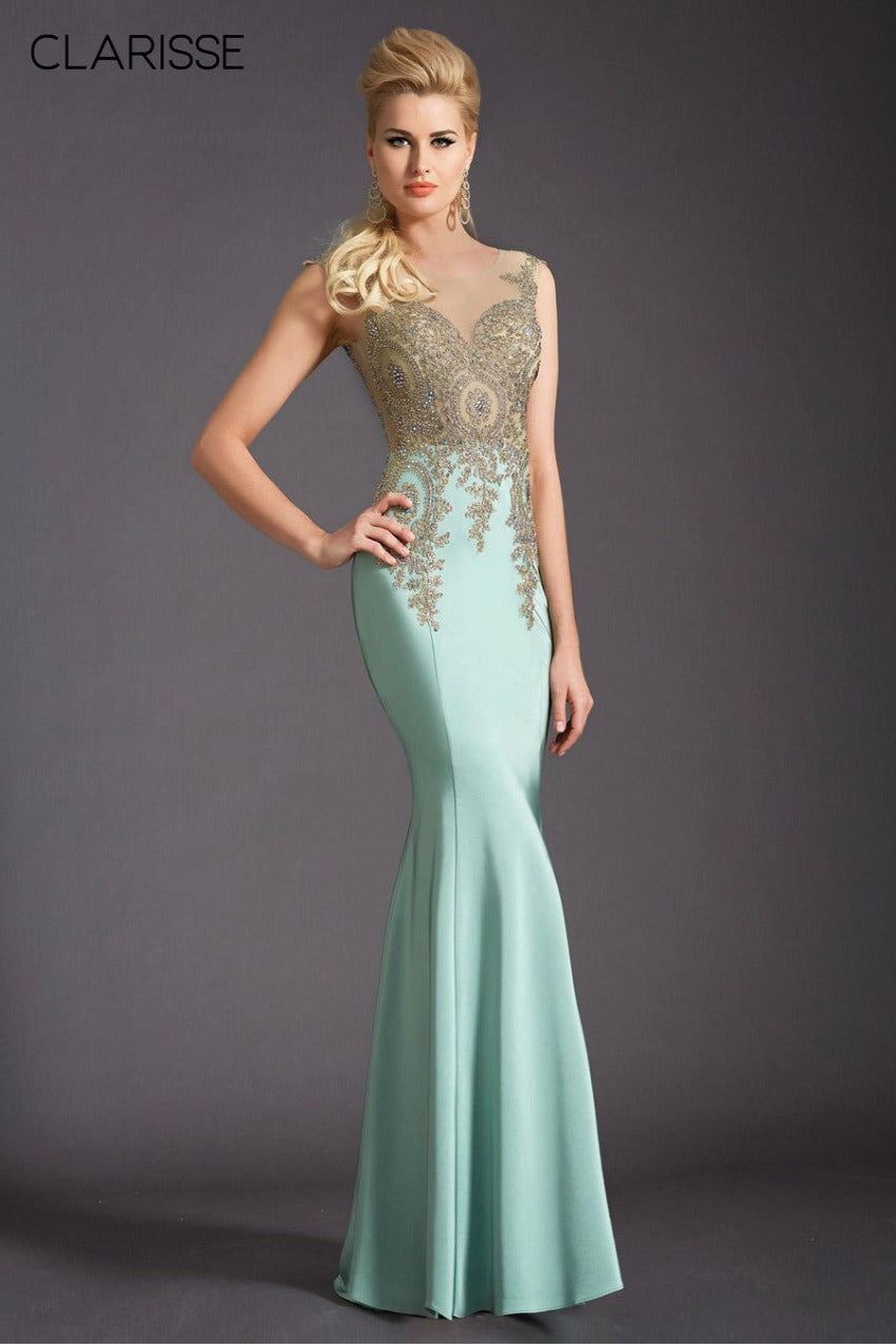 Clarisse -4507 Metallic Lace and Knit Evening Dress