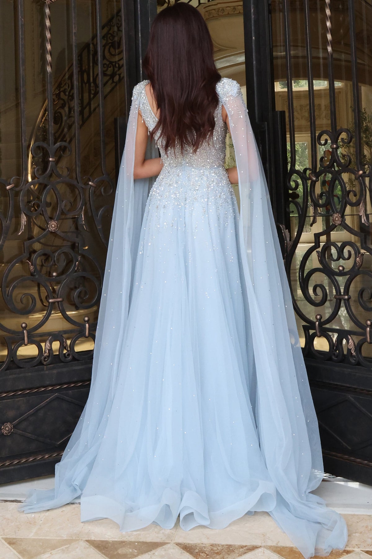 Jovani -45075 Beaded Tulle Plunging V-Neck A-line Gown