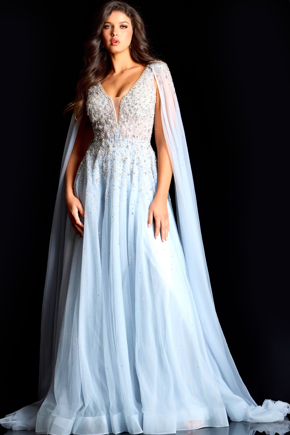 Jovani -45075 Beaded Tulle Plunging V-Neck A-line Gown