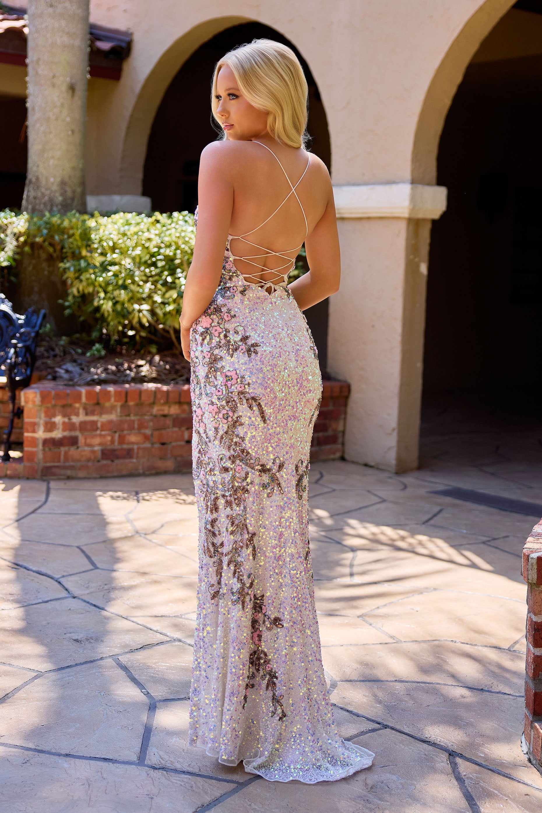Primavera Couture -4511 Fully Sequined Spagetti Strap leg slit long gown.