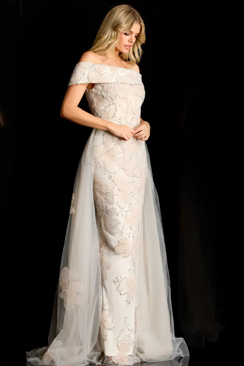 Jovani -46034B Floral Applique Overskirt Evening Gown