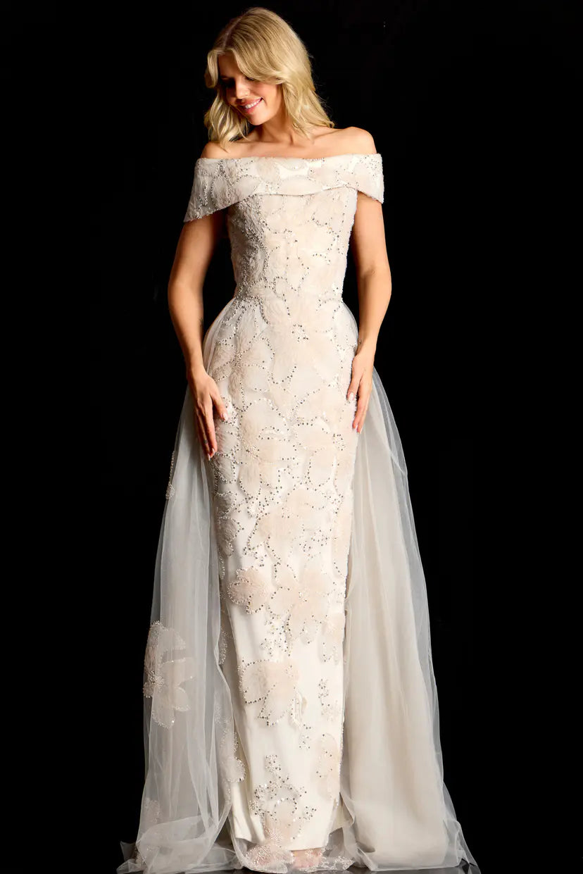 Jovani -46034B Floral Applique Overskirt Evening Gown