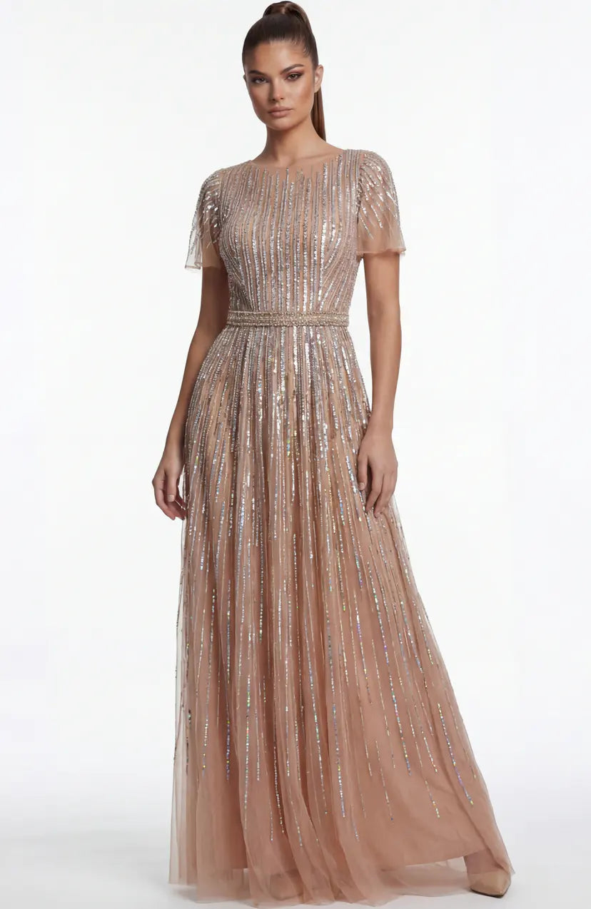 Jovani -46063B Beaded Short Sleeve A Line Gown