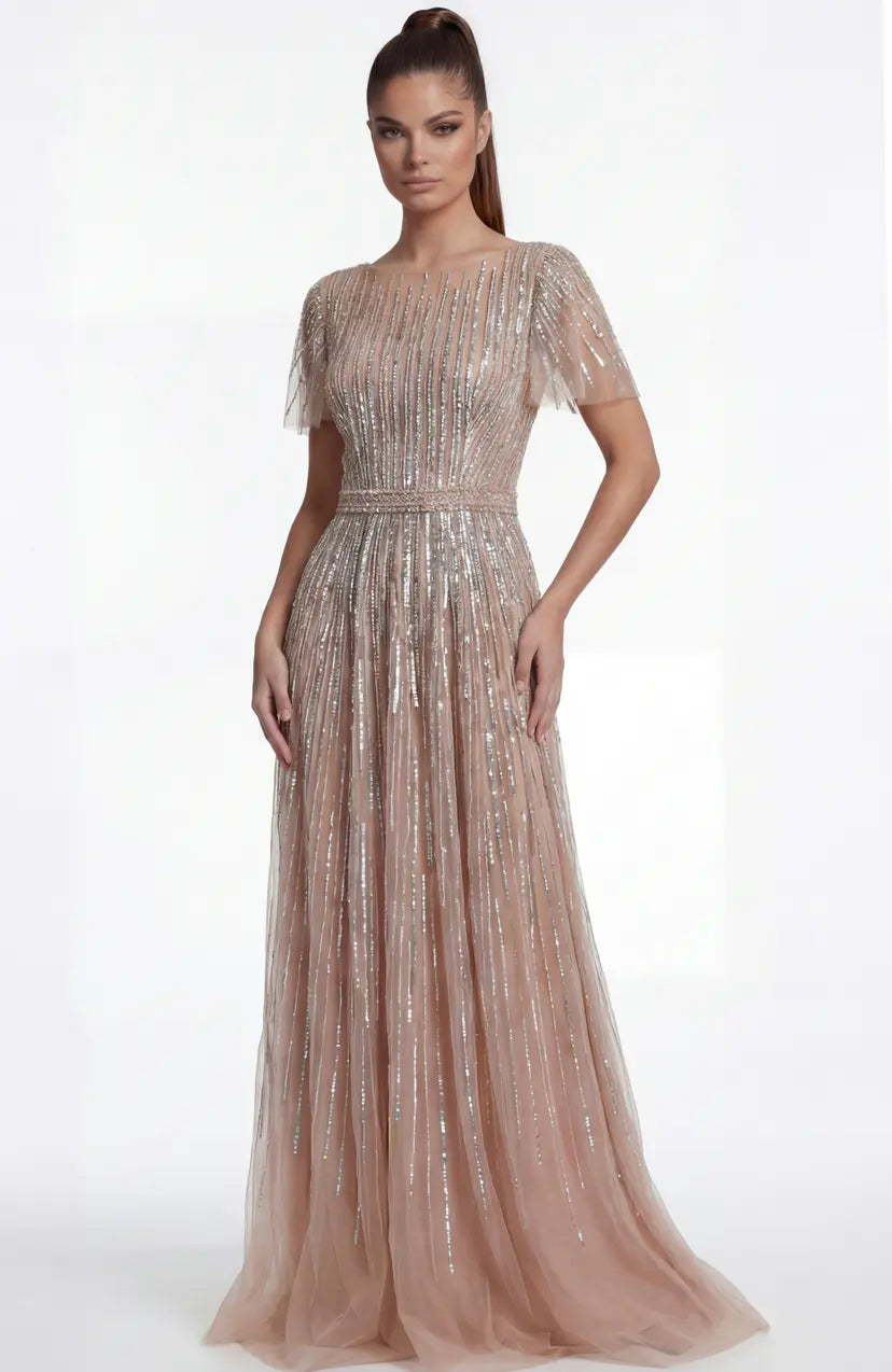 Jovani -46063B Beaded Short Sleeve A Line Gown