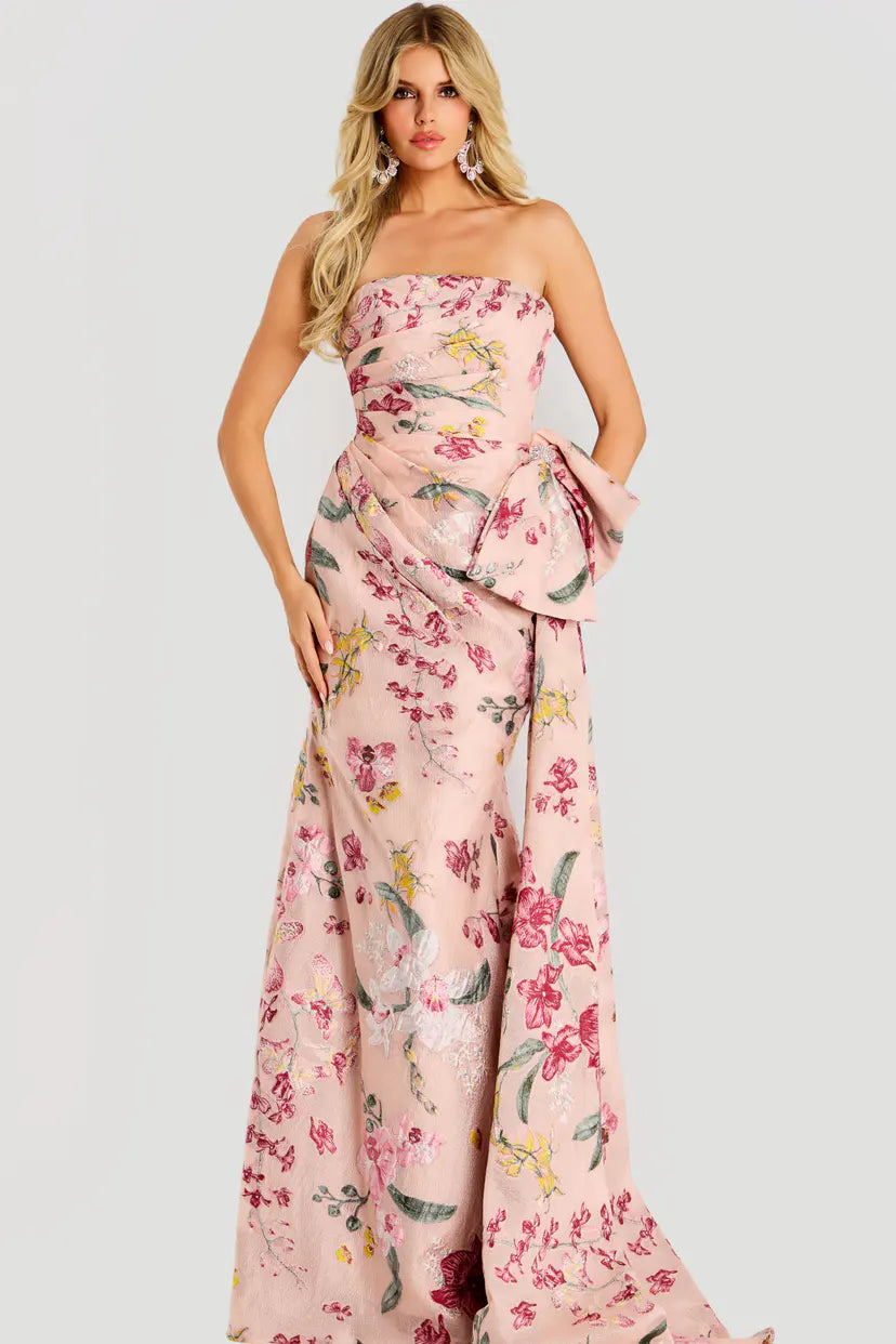 Jovani -46242B Floral Straight Sheath Evening Gown