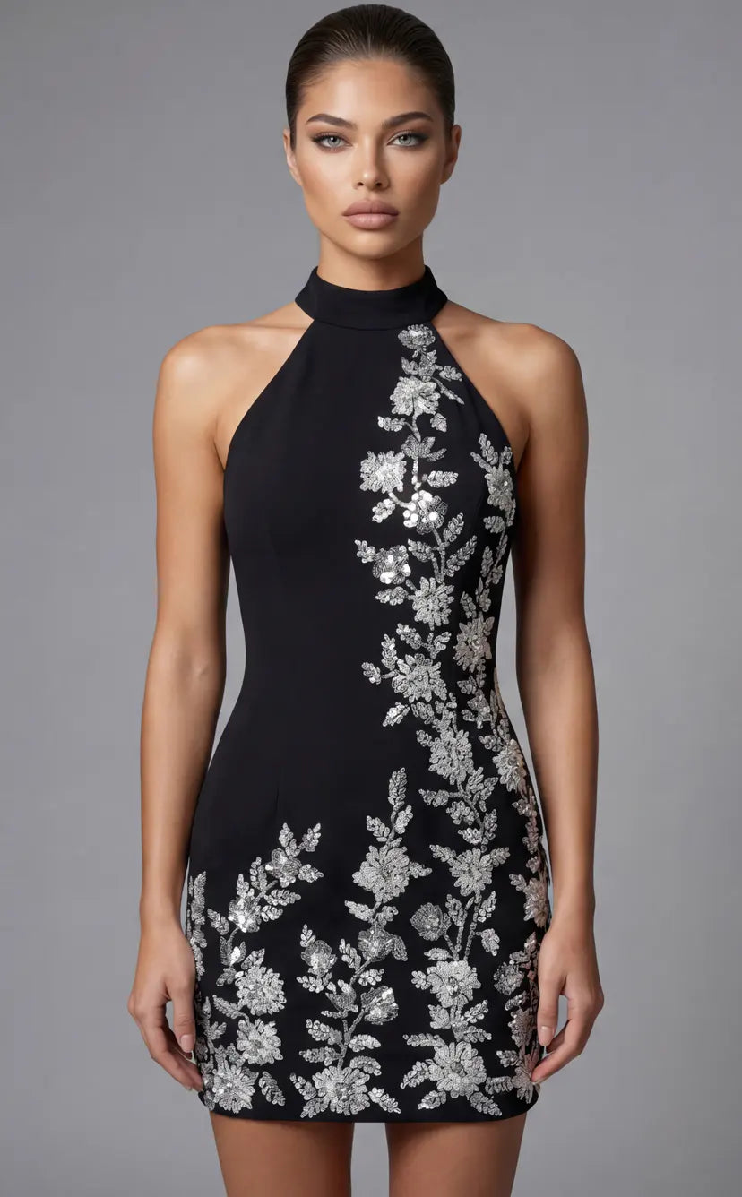 Jovani -46402 Halter Floral Sequin Short Dress