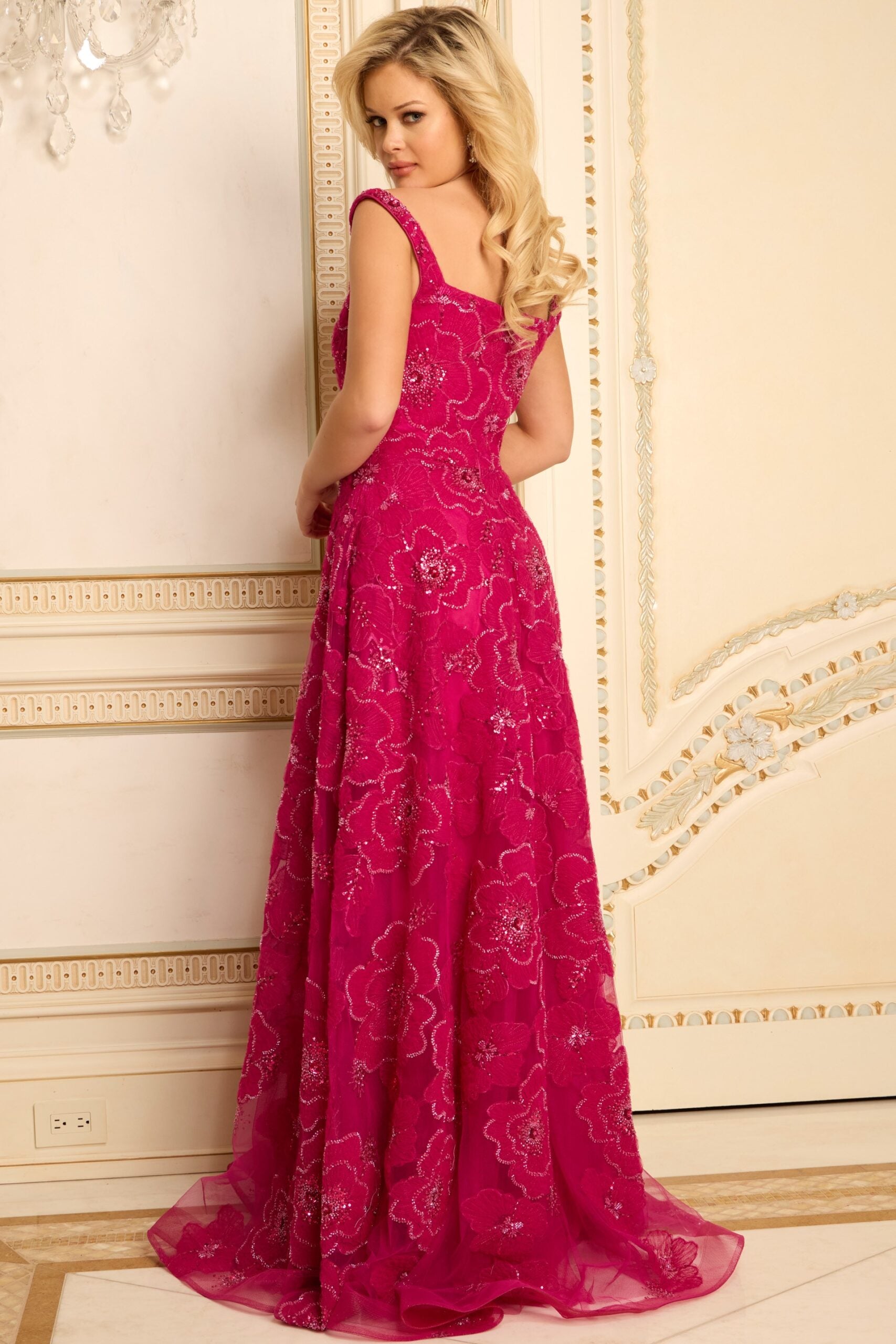 Jovani -46471 Floral Embellished Square Neck A‑Line Gown