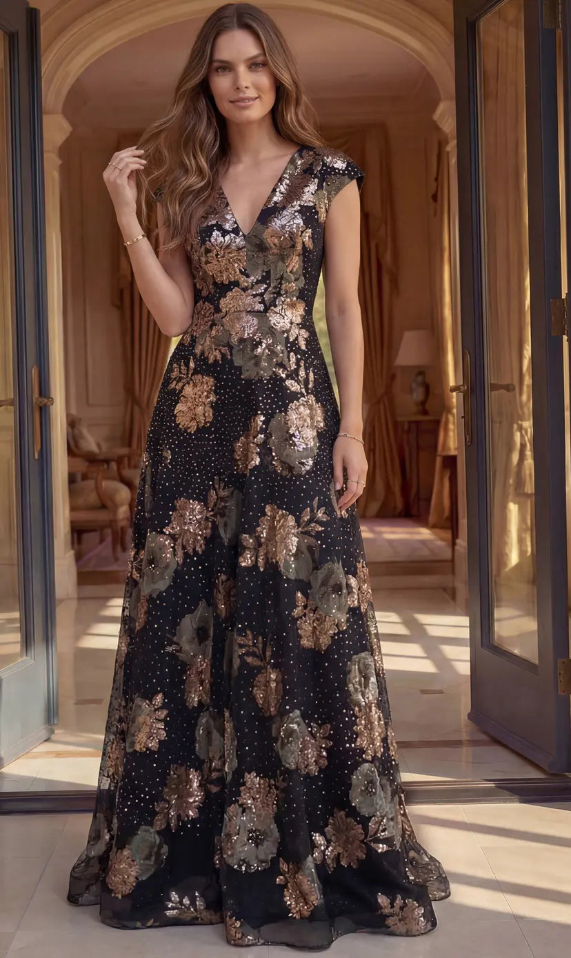 Jovani -46493 Jacquard V Neck Floral A Line Gown