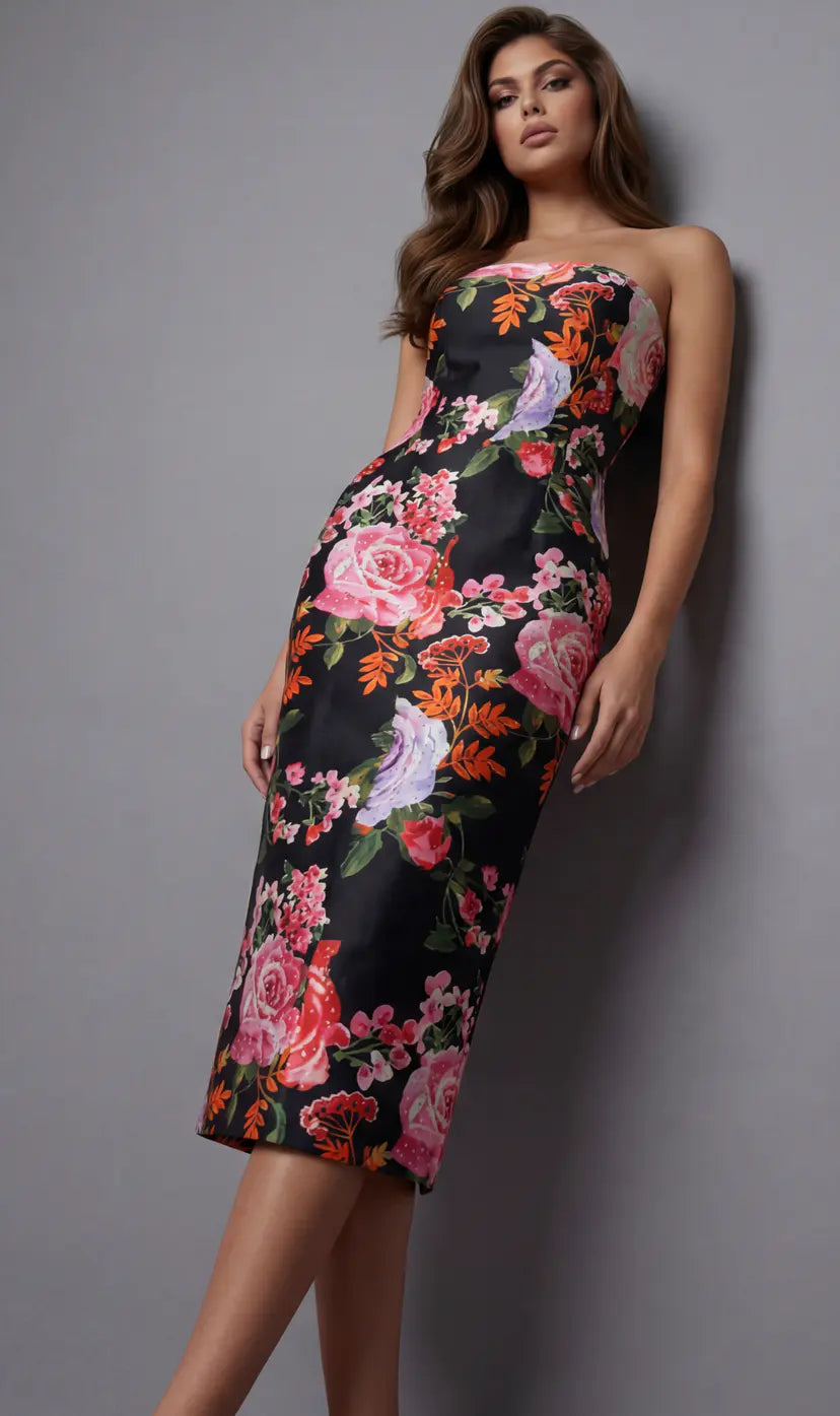 Jovani -46565B Strapless Floral Sheath Short Dress