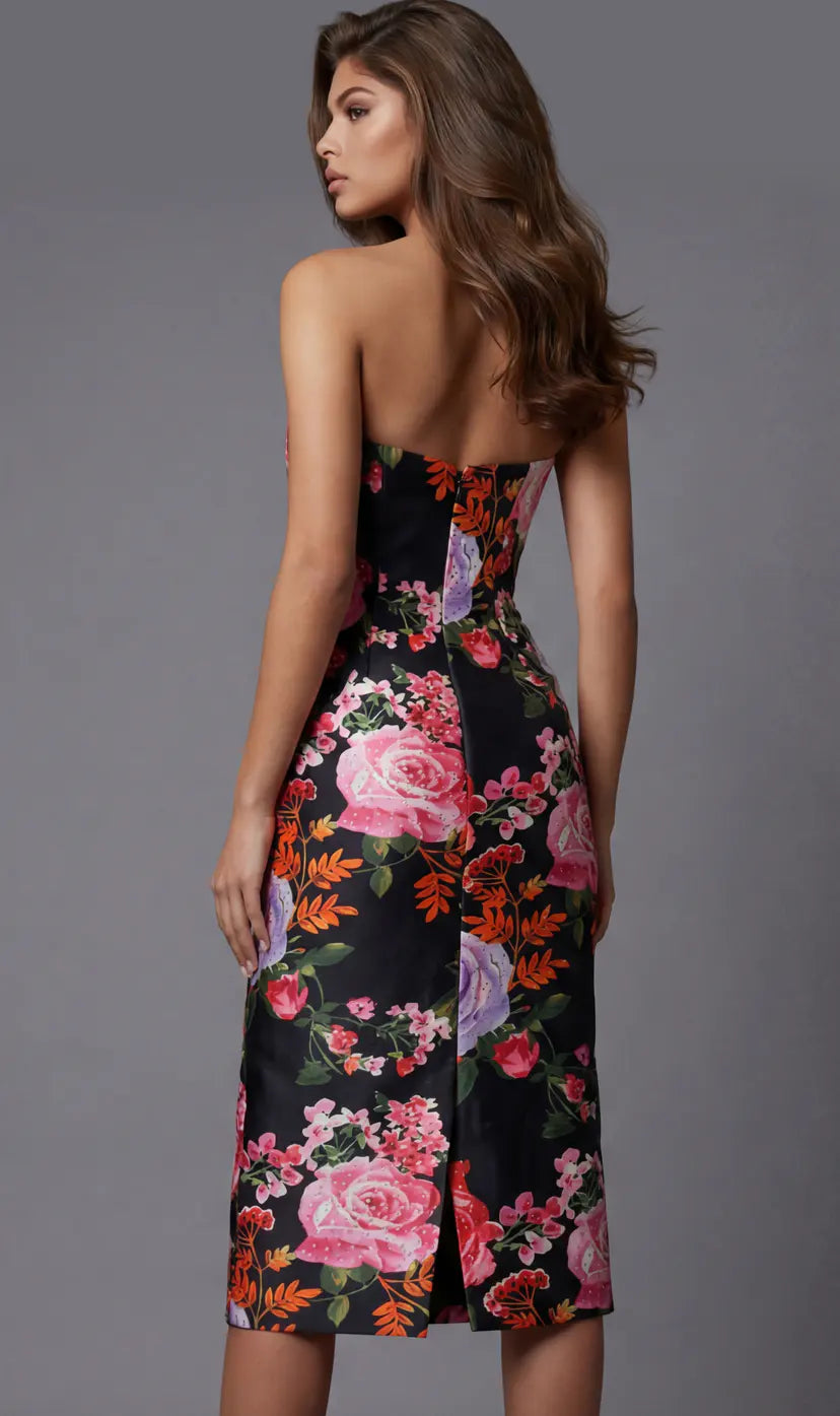 Jovani -46565B Strapless Floral Sheath Short Dress