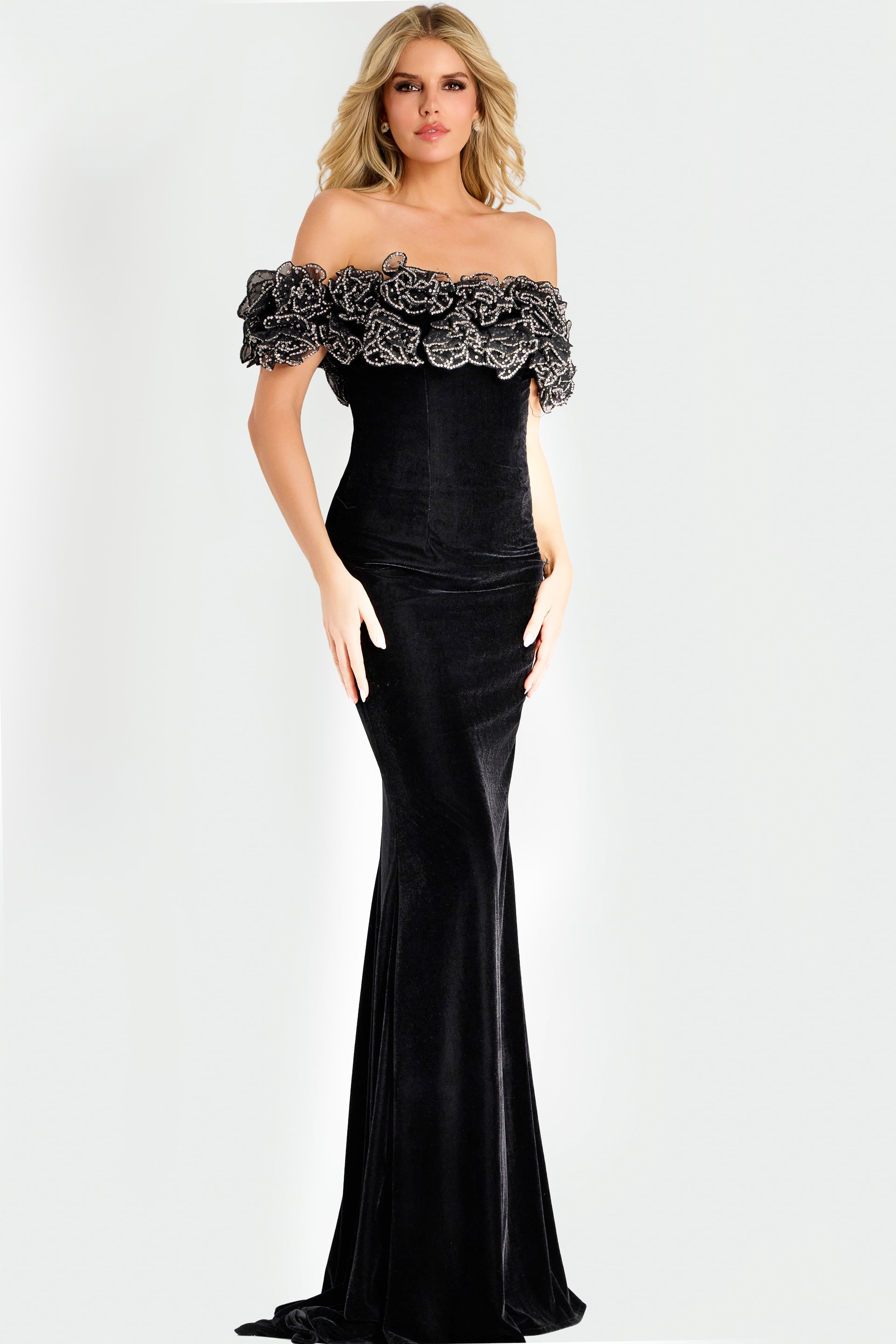 Jovani -47086 Beaded Off Shoulder Column Velvet Gown