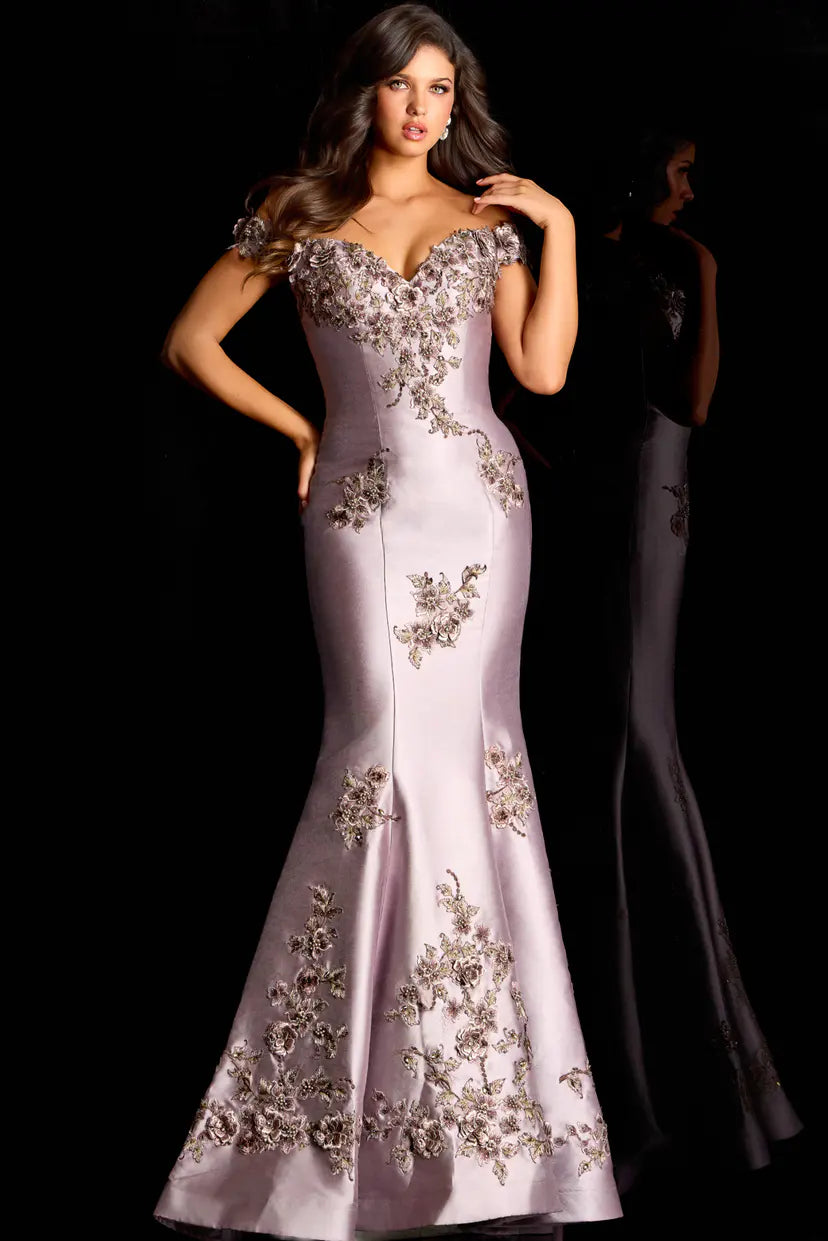 Jovani -47217B Floral Embroidery Off Shoulder Satin Gown