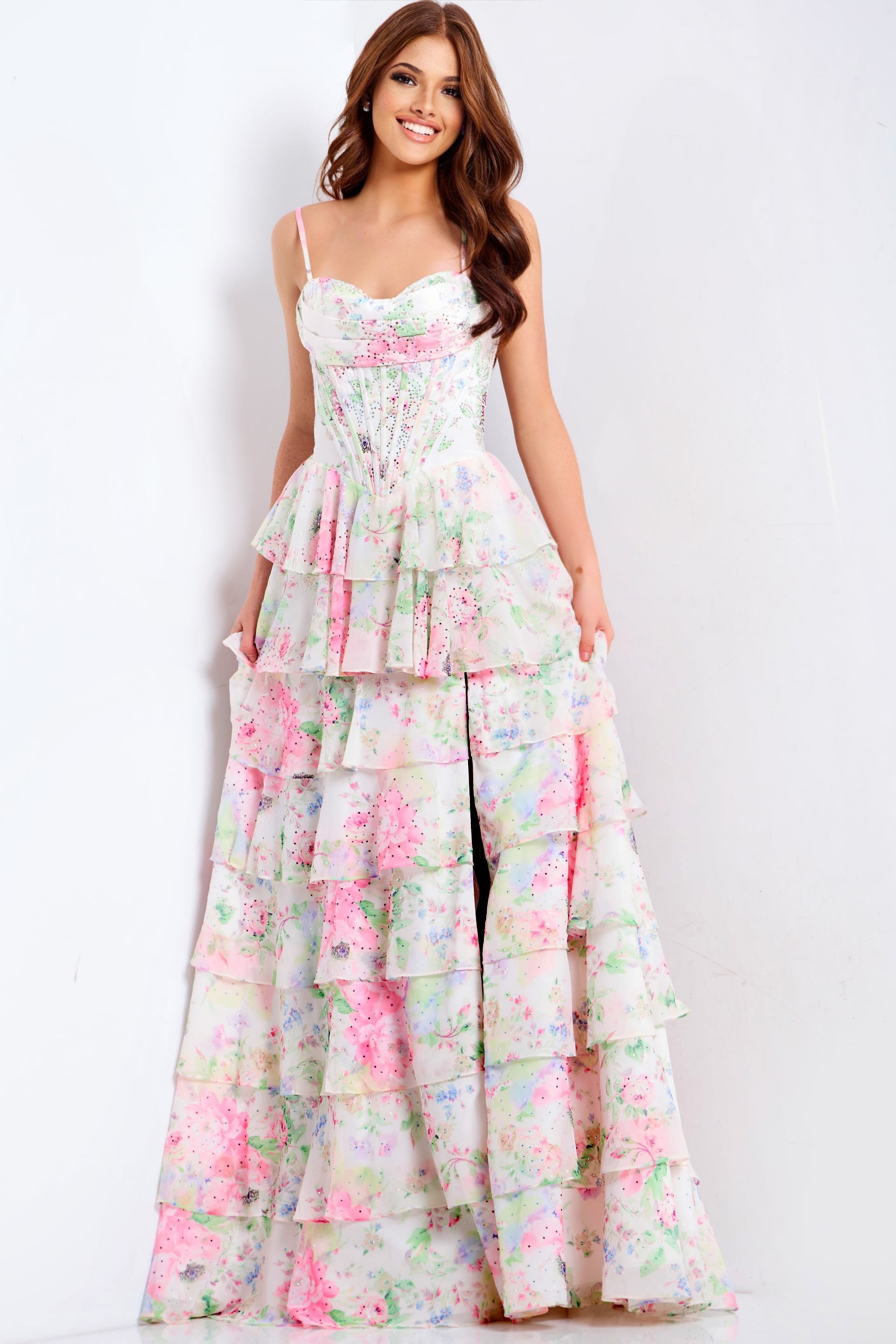 Jovani -47282 Tiered Floral Sweetheart Organza Gown