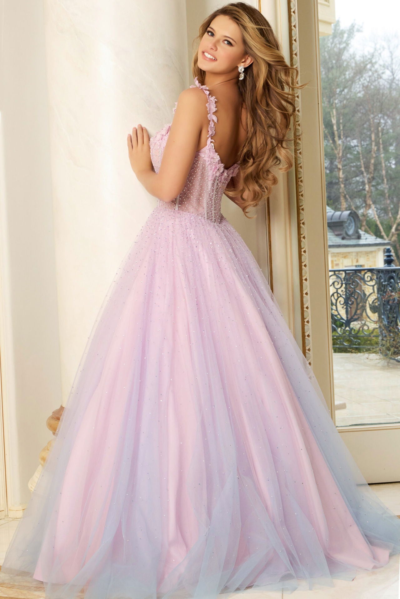 Jovani -47305 Floral Applique Corset Tulle Ball Gown