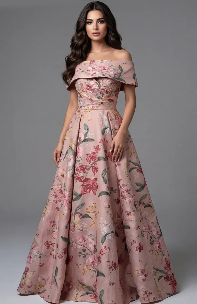 Jovani -47629 Printed Off Shoulder Satin Ball Gown