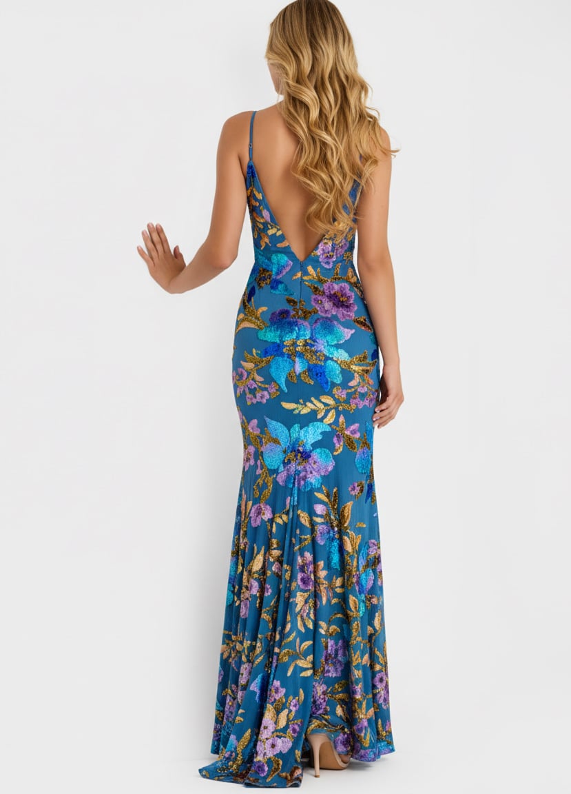 Jovani -47655 Sequin Floral Deep V-Neck Sheath Gown