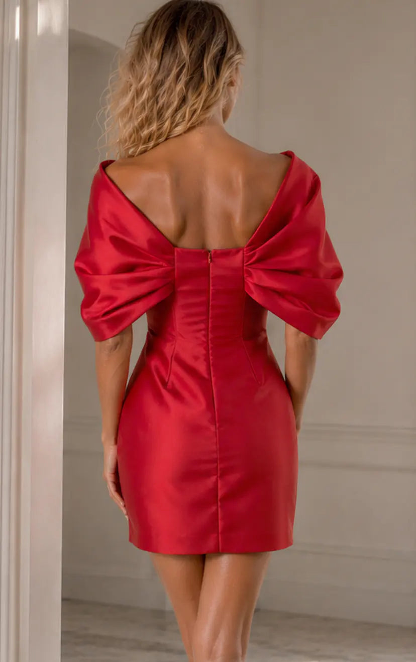 Jovani -47656 Puff Sleeve V Neck Satin Short Dress