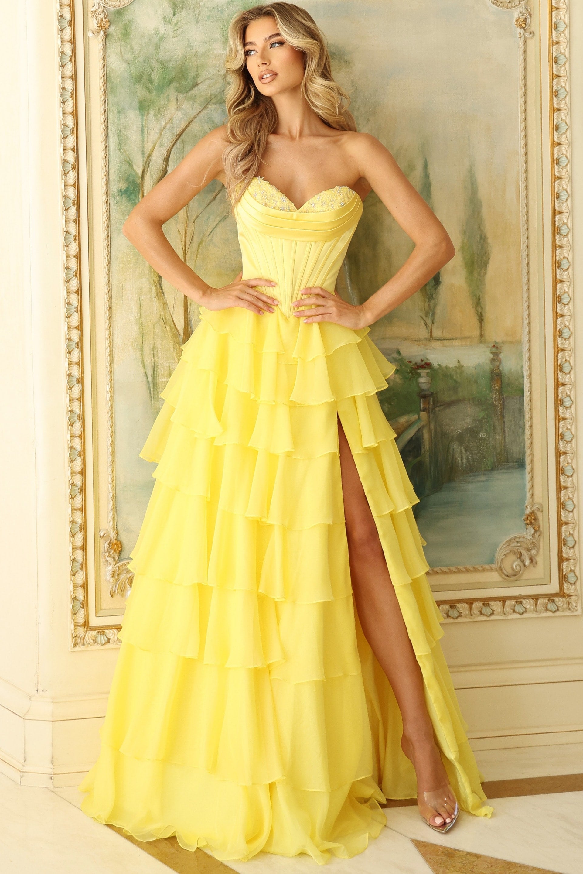 Jovani -47762 Strapless Tiered Ruffle Ballgown