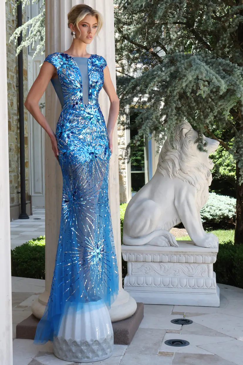 Jovani -48051B Sequin Illusion Deep V-Neck Mermaid Gown