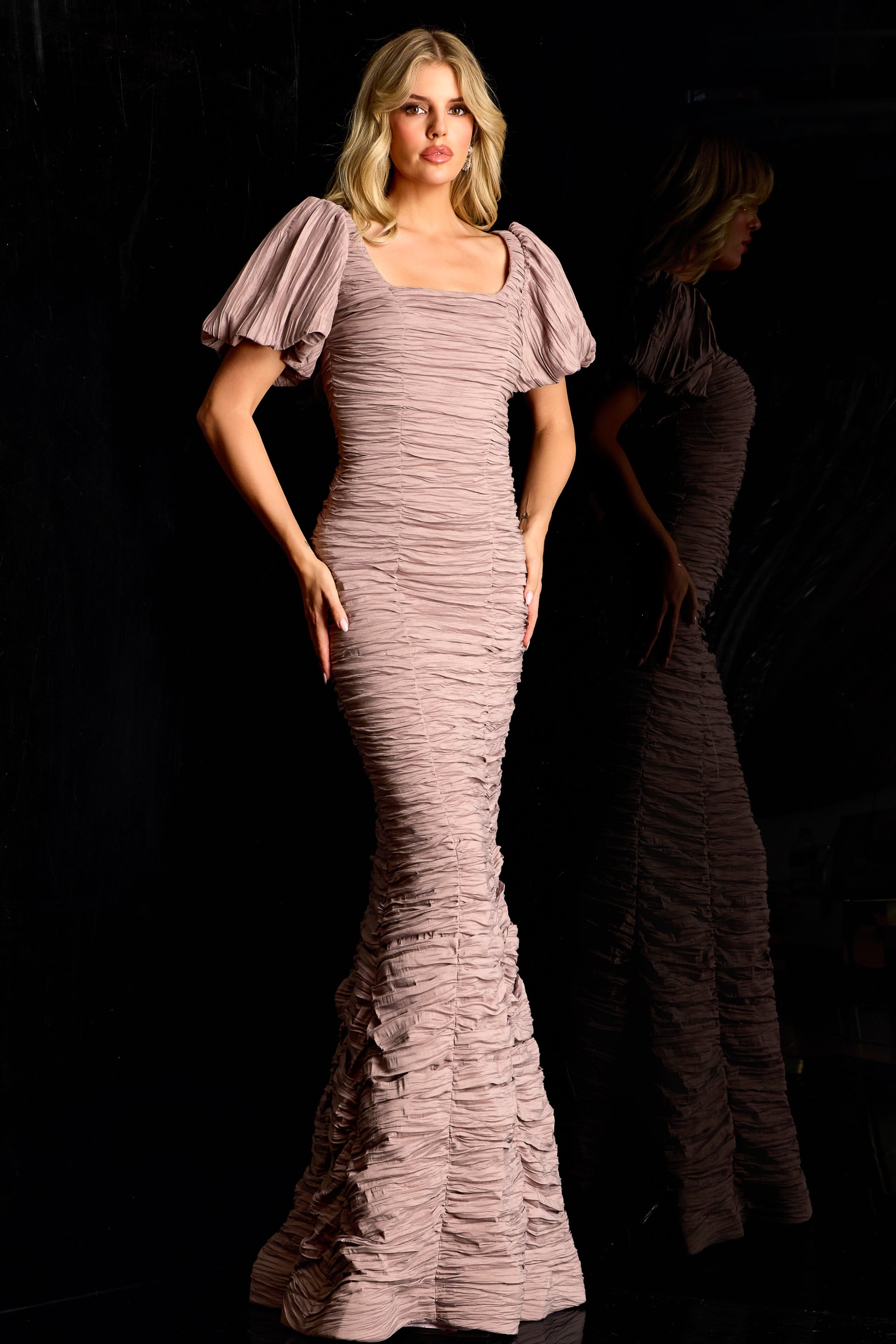 Jovani -48057 Ruched Texture Puff Sleeve Evening Gown