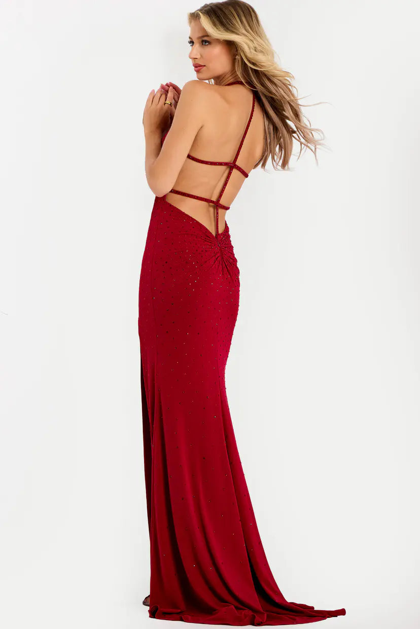 Jovani -48082B Rhinestone Halter Jersey Sheath Gown