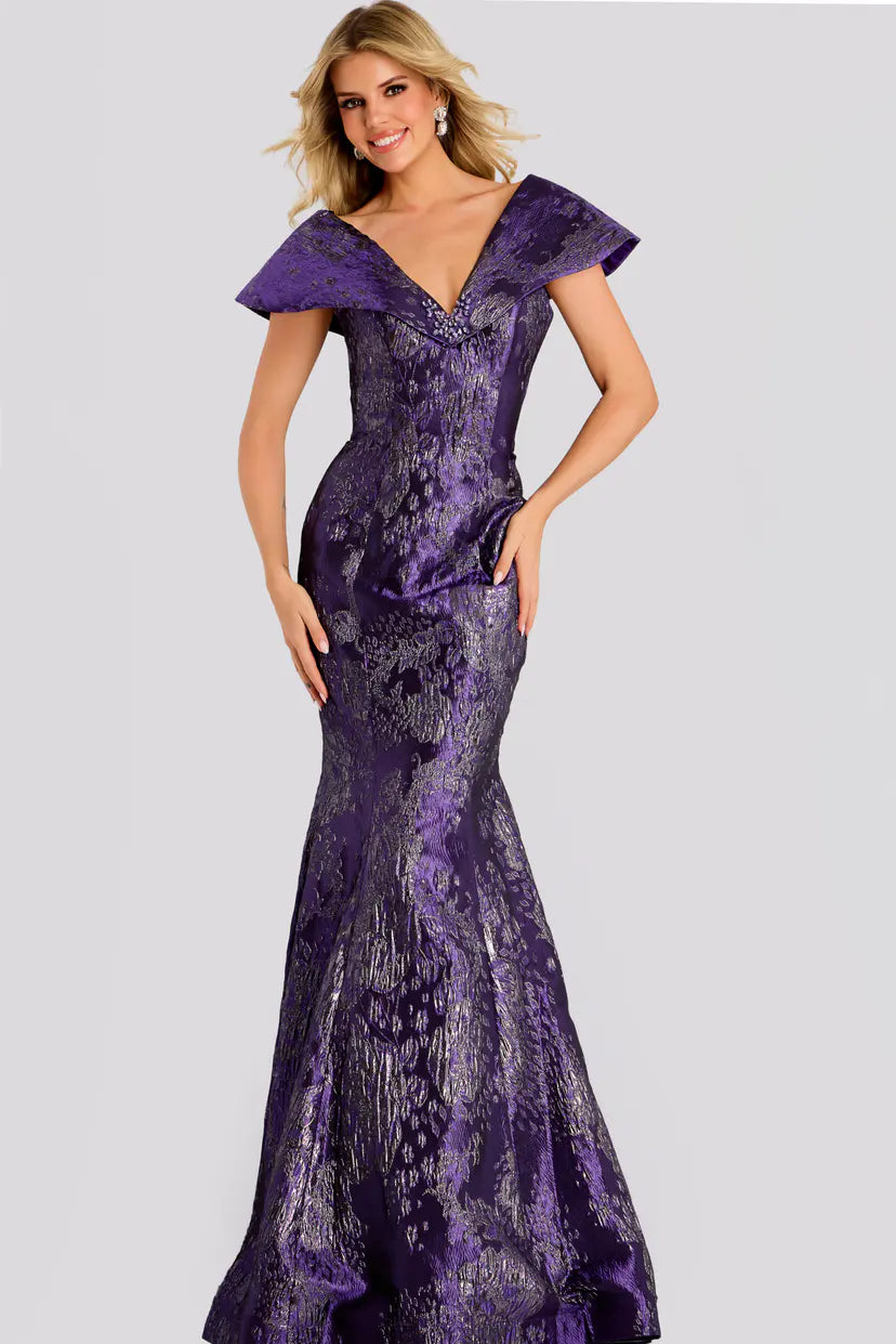 Jovani -48110 Metallic Jacquard V-Neck Mermaid Gown