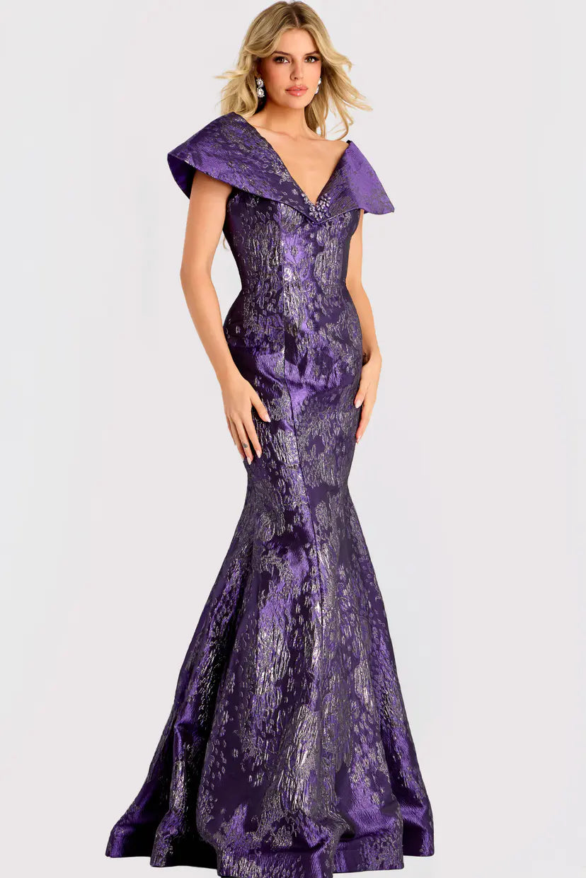 Jovani -48110 Metallic Jacquard V-Neck Mermaid Gown