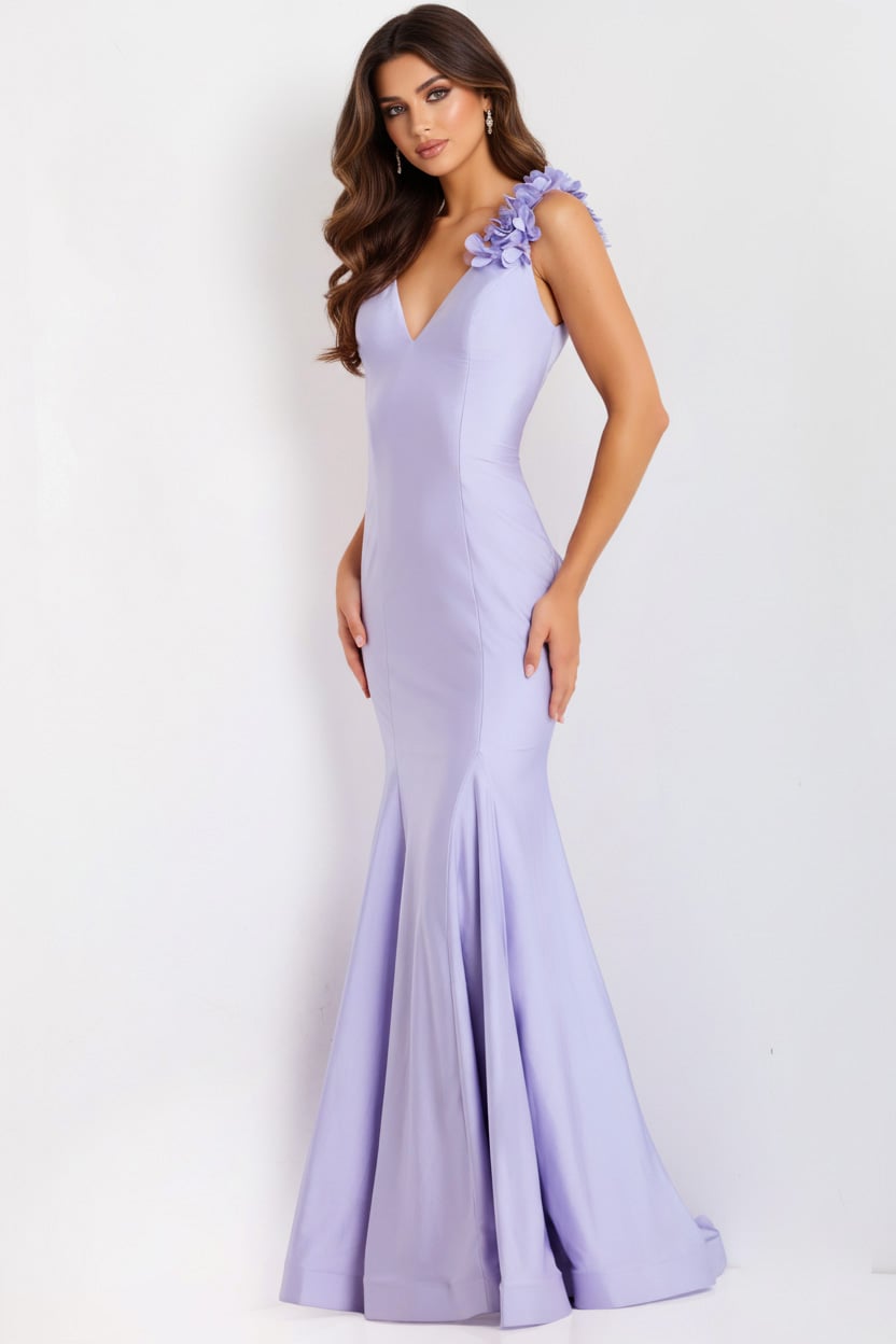 Jovani -48120 Floral Shoulder V Neck Mermaid Long Gown
