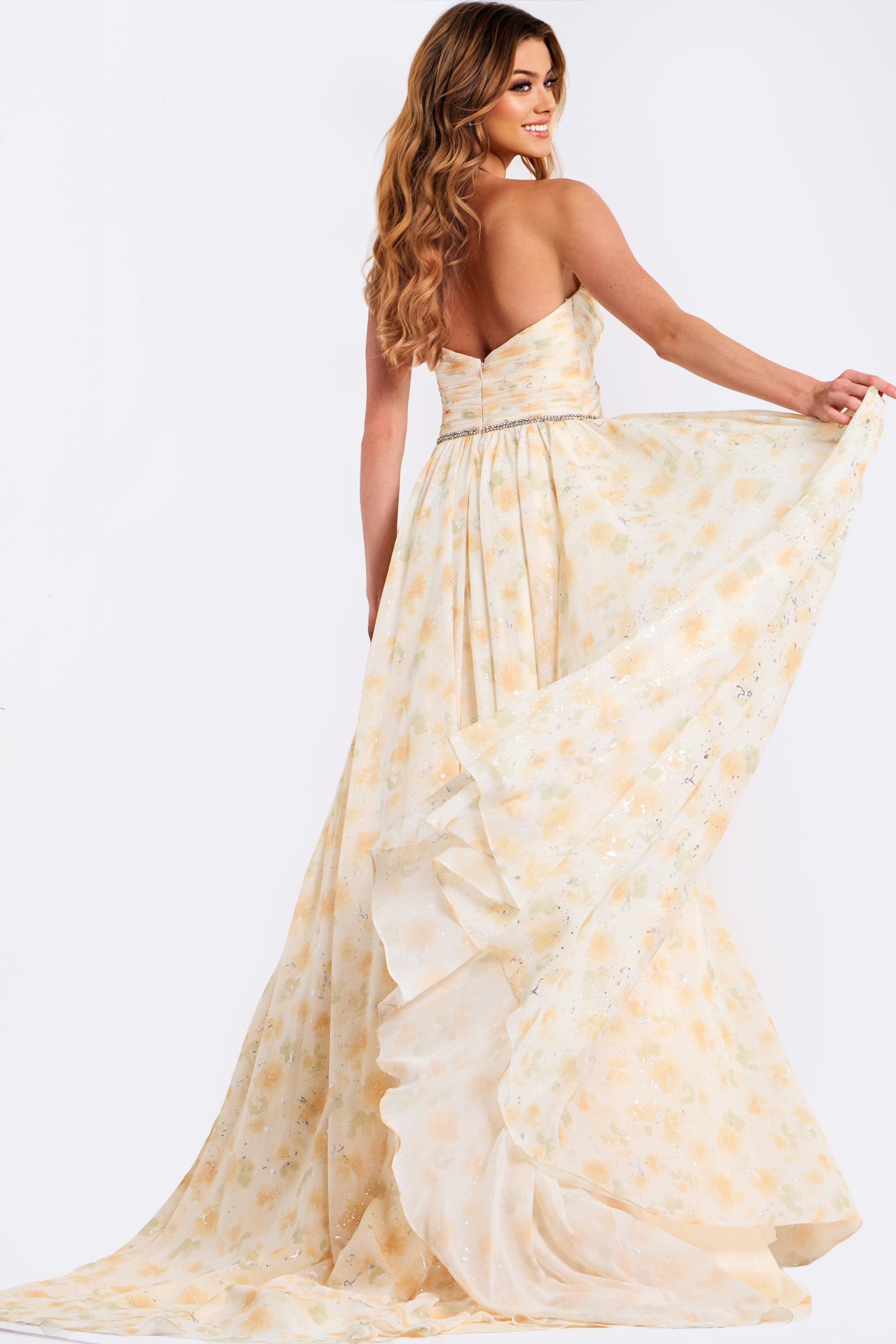 Jovani -48139 Floral Chiffon Plunging A-Line Dress