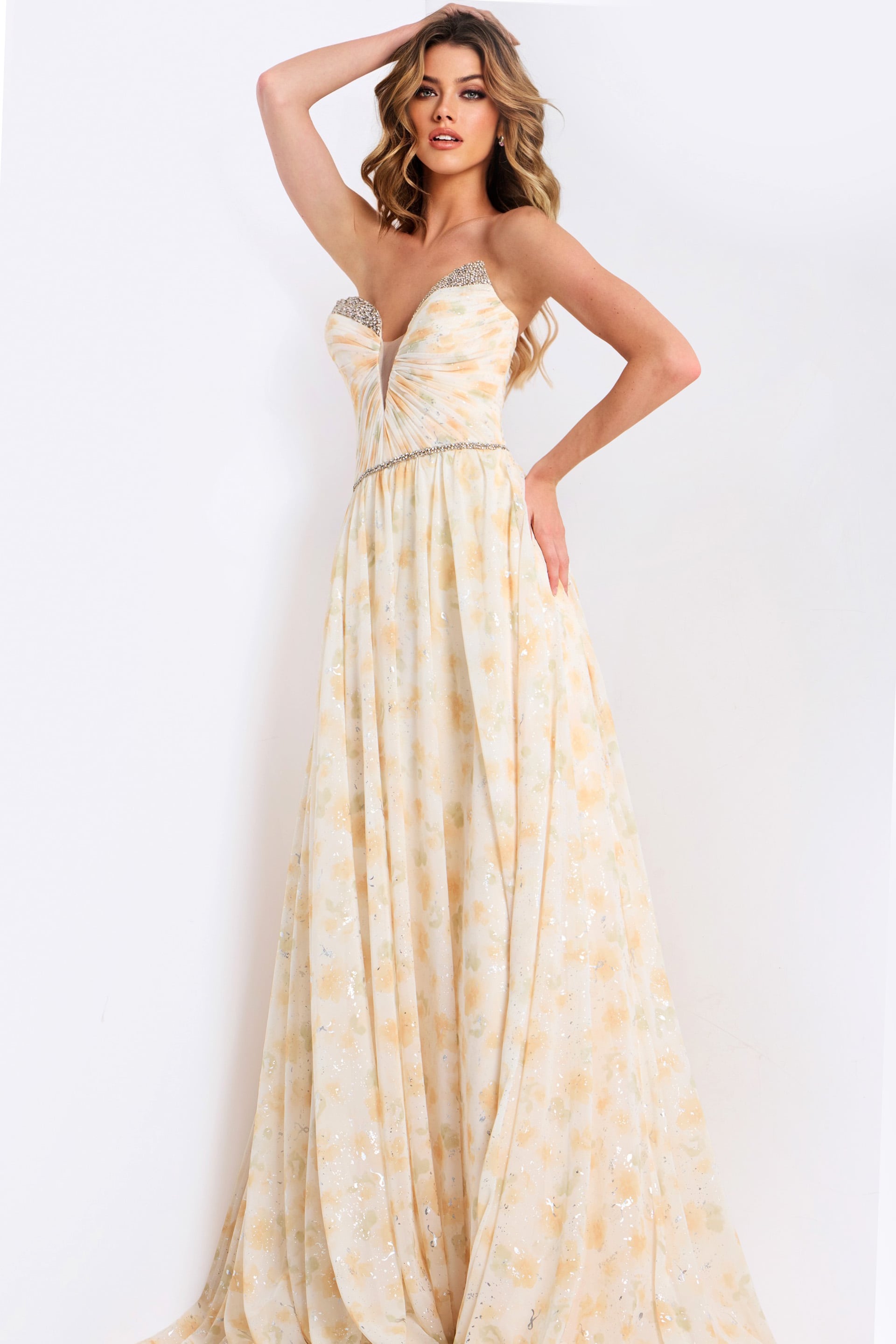 Jovani -48139 Floral Chiffon Plunging A-Line Dress