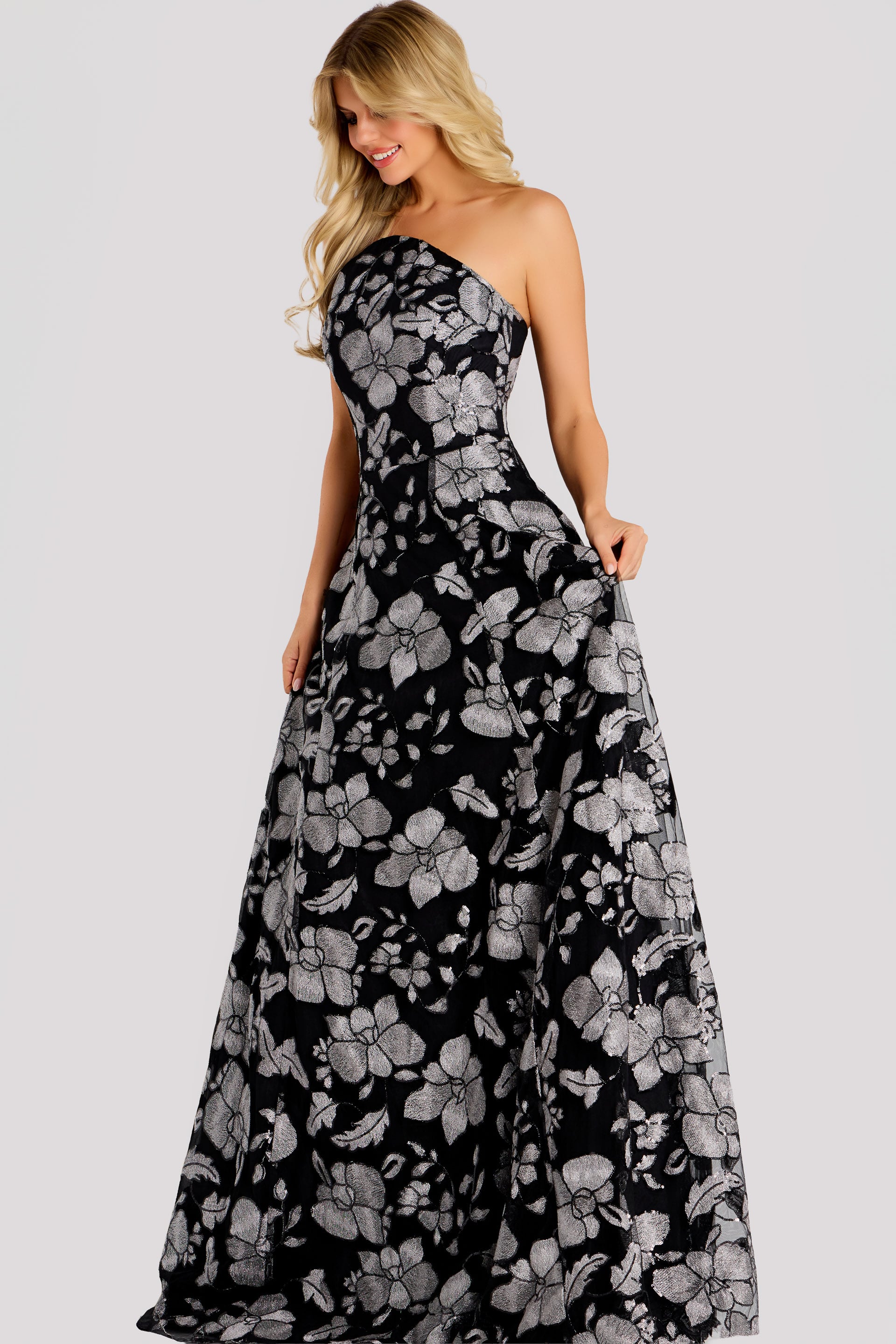 Jovani -48175 Strapless Floral Jacquard A-line Dress