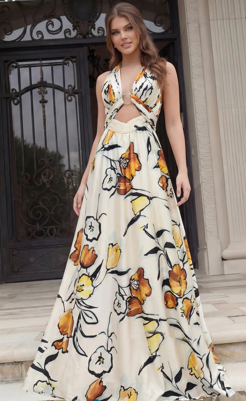 Jovani -48236 Plunging Halter Printed Taffeta Prom Gown