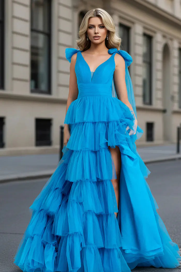 Jovani -48288B Plunging V-Neck A-line Tulle Gown